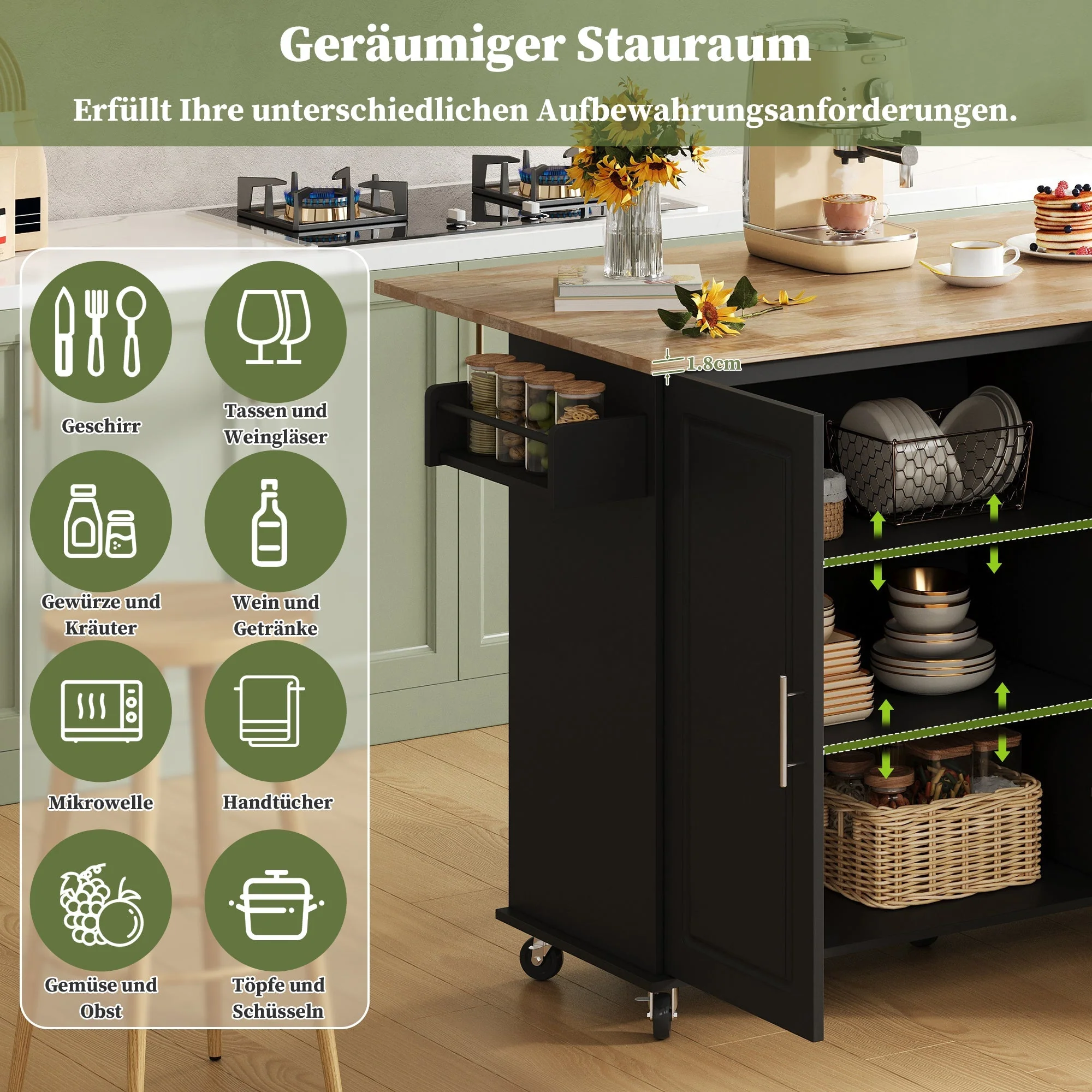 Mobile Kitchen Table with Foldable Worktop and 3 Drawers, Oak Look - Image 4