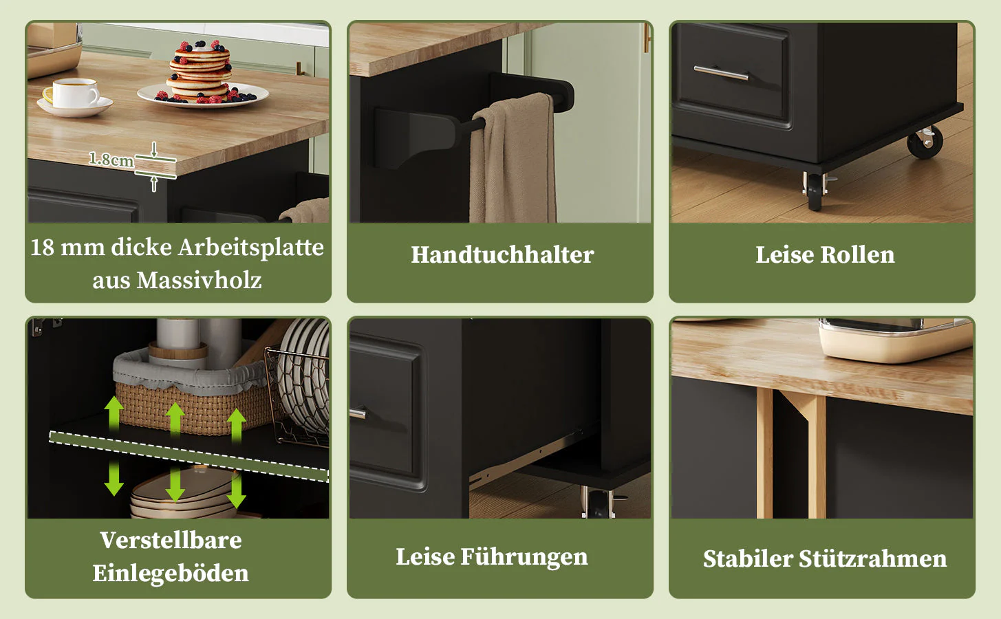Mobile Kitchen Table with Foldable Worktop and 3 Drawers, Oak Look - Image 6
