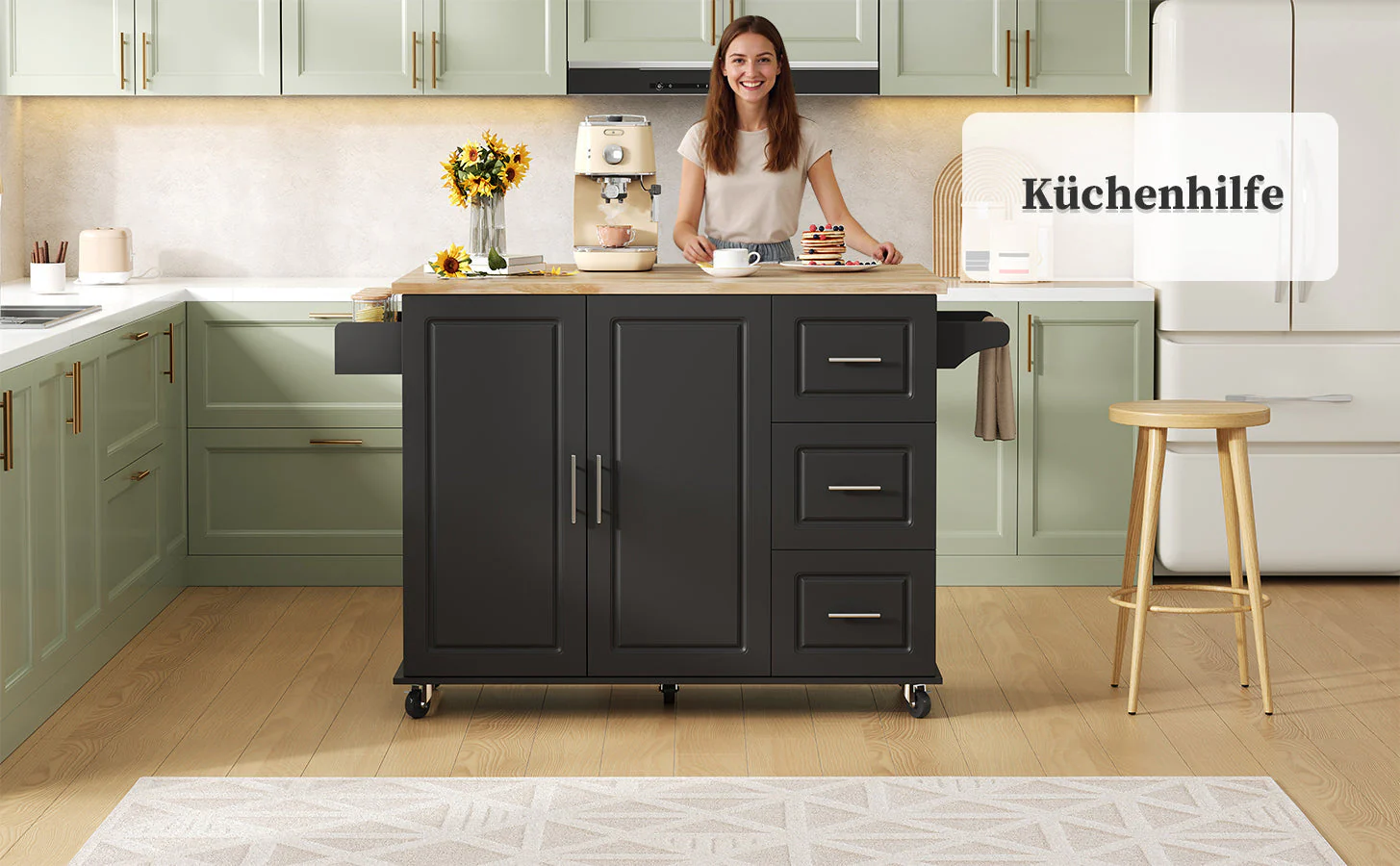 Mobile Kitchen Table with Foldable Worktop and 3 Drawers, Oak Look - Image 9