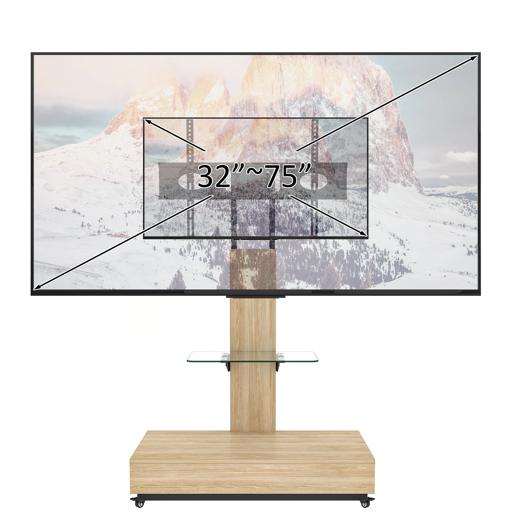 Mobile TV Cart - Height Adjustable Drawers for 32-75 Inch TVs - Natural Finish - Image 4