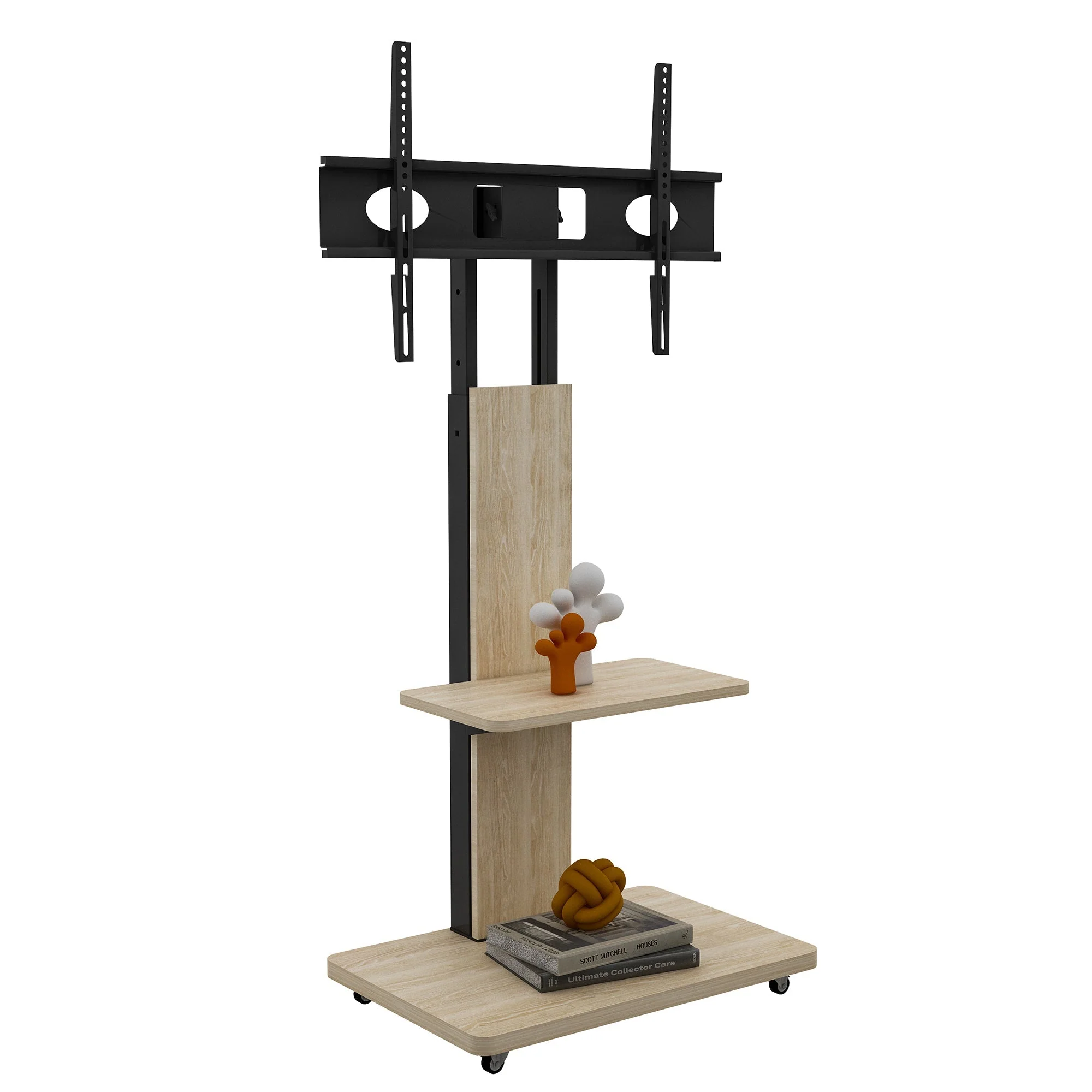 Mobile TV Stand Height-Adjustable Storage 32-75 Inch Lockable Wheels - Natural - Image 3