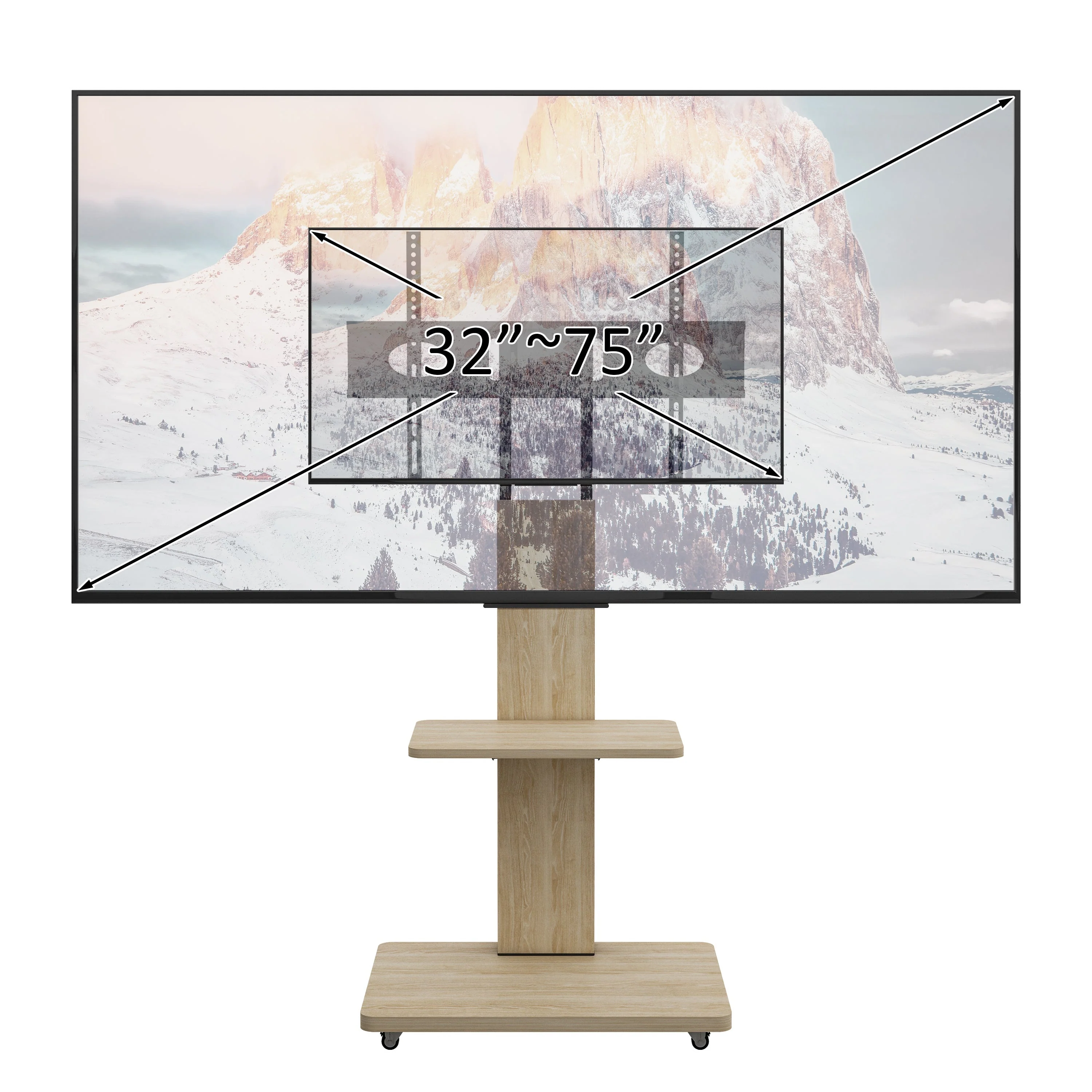 Mobile TV Stand Height-Adjustable Storage 32-75 Inch Lockable Wheels - Natural - Image 5