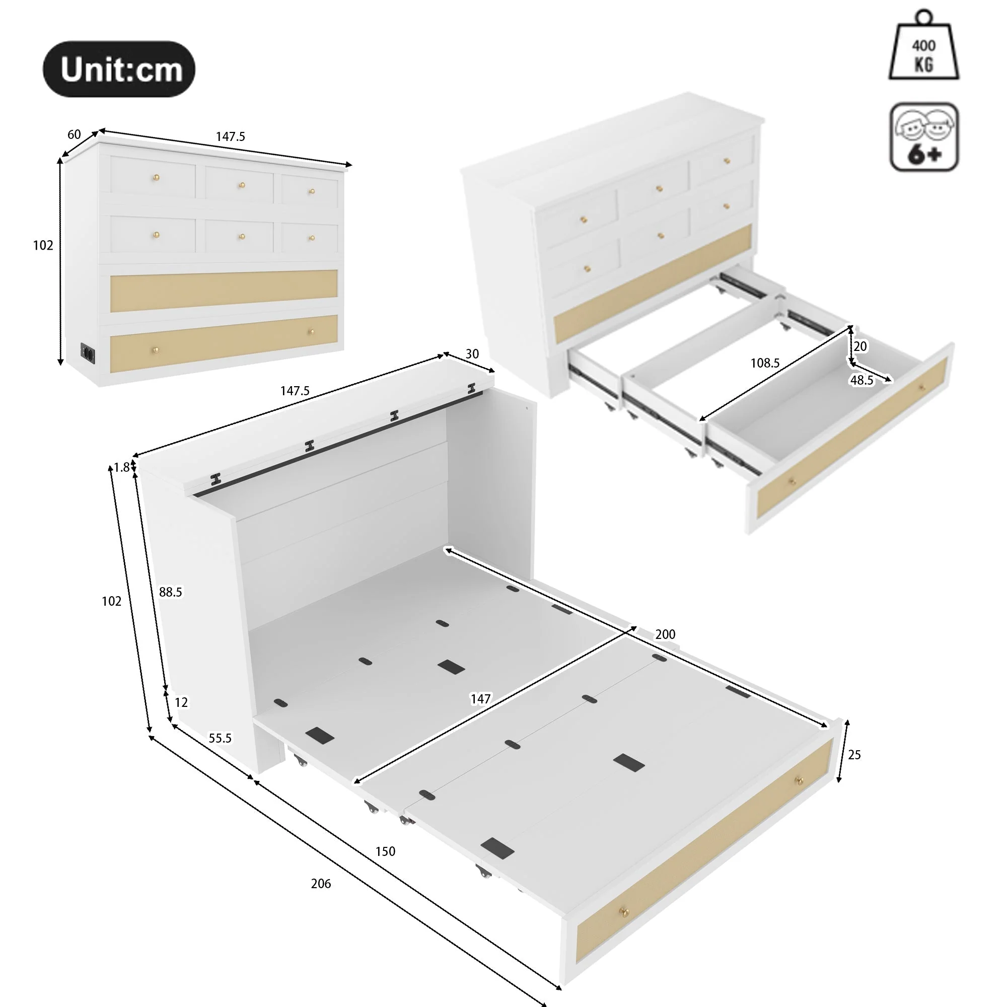 Mobile Wall Bed 140x200 Convertible Storage Drawers Shelf USB/Power Outlet - White - Image 5