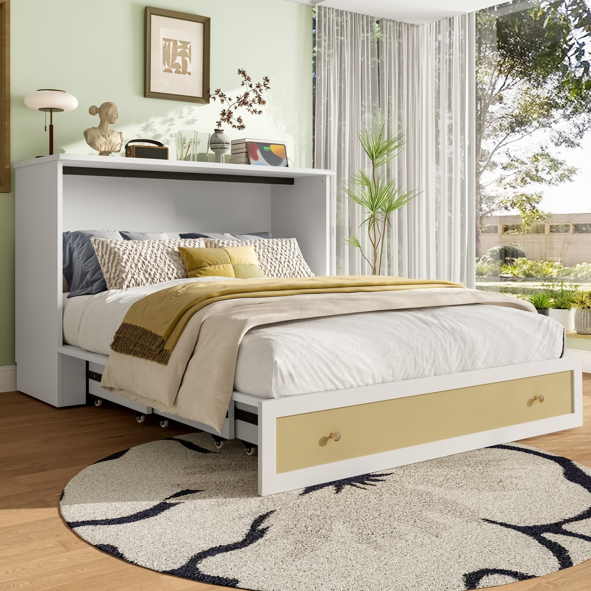 Mobile Wall Bed 140x200 Convertible Storage Drawers Shelf USB/Power Outlet - White - Image 7
