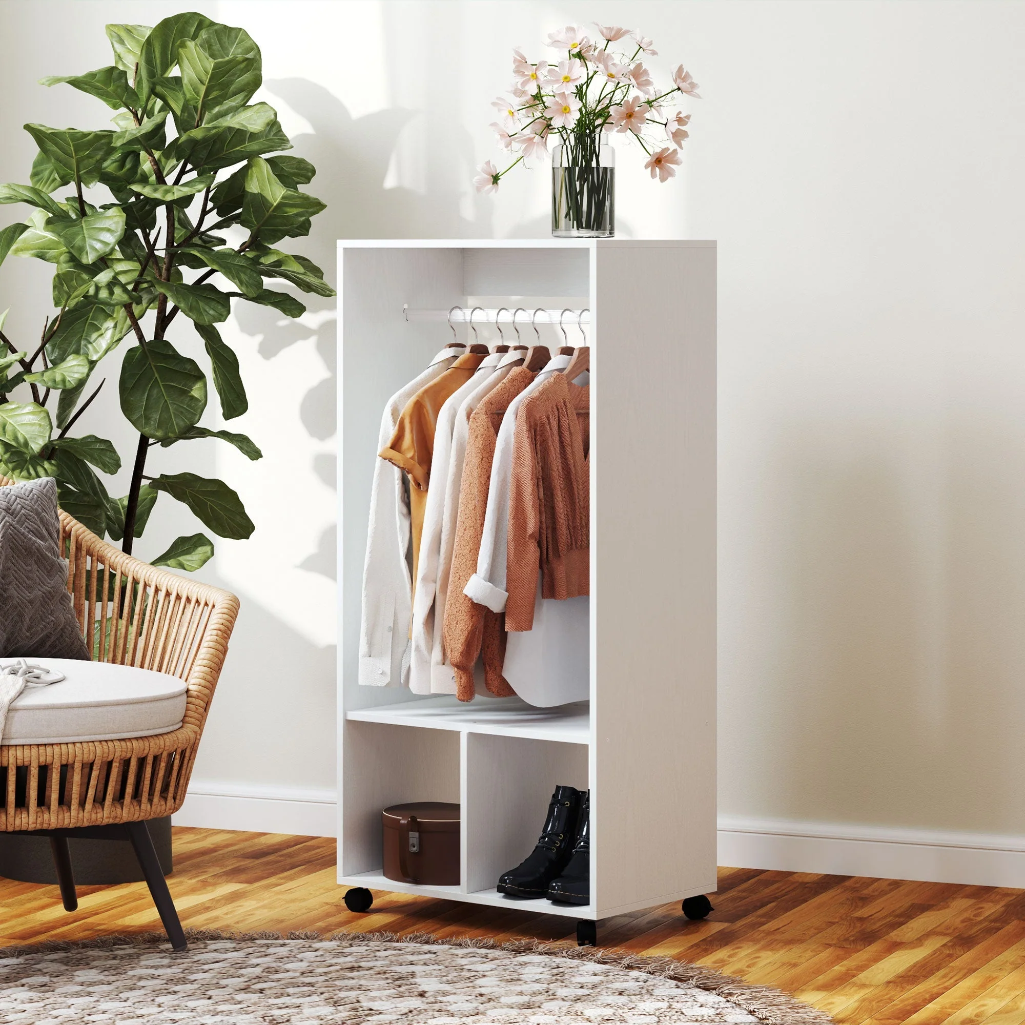 Mobile Wardrobe with Shelf, 4 Swivel Wheels, White - Image 2