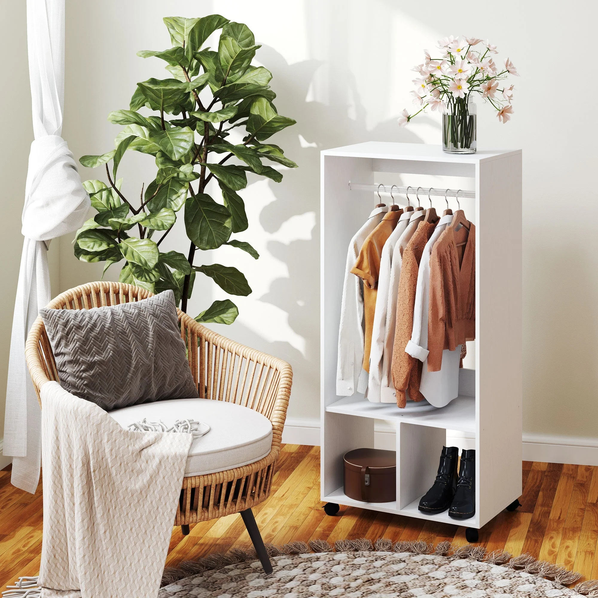 Mobile Wardrobe with Shelf, 4 Swivel Wheels, White - Image 7