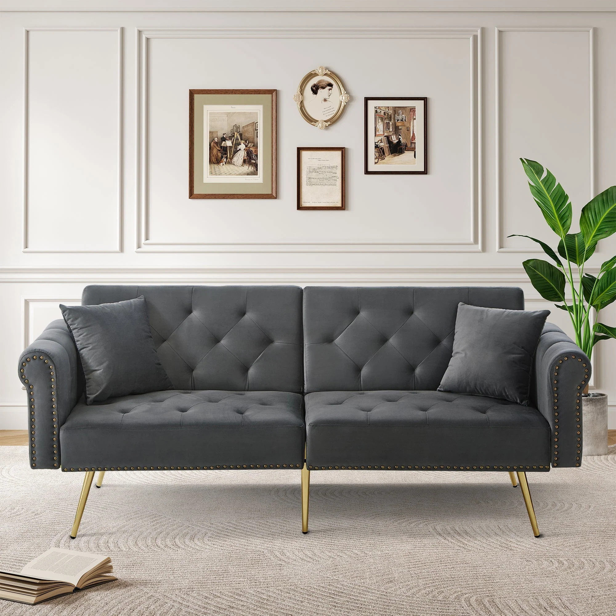 Modern 2-Seater Sofa Bed, 3-Stage Adjustable Backrest Sleeping Function, Velvet Upholstery - Image 3