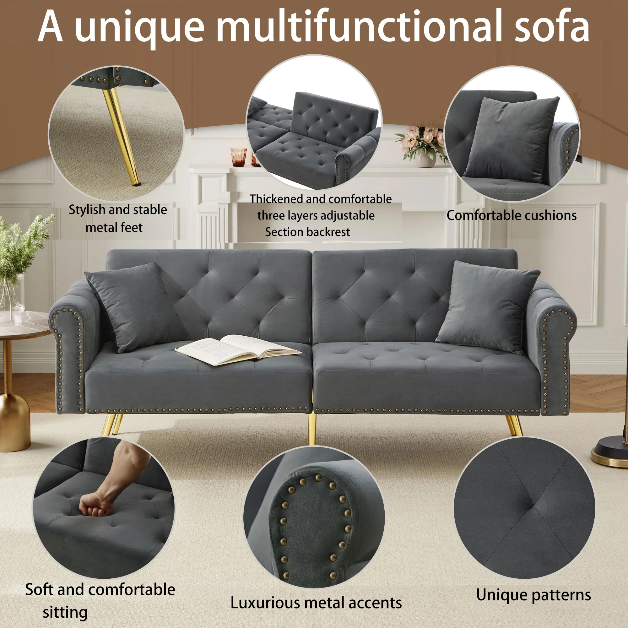 Modern 2-Seater Sofa Bed, 3-Stage Adjustable Backrest Sleeping Function, Velvet Upholstery - Image 5