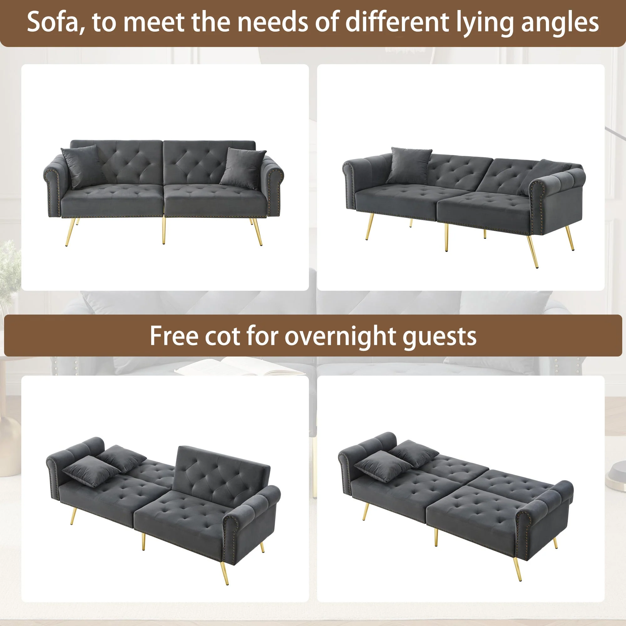 Modern 2-Seater Sofa Bed, 3-Stage Adjustable Backrest Sleeping Function, Velvet Upholstery - Image 6