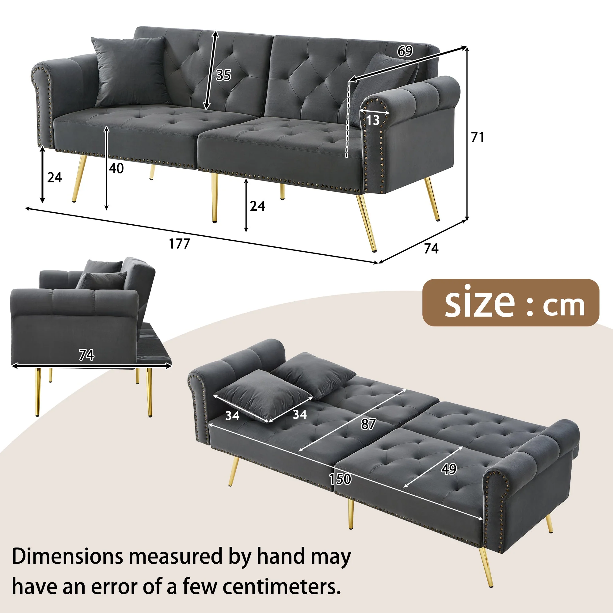 Modern 2-Seater Sofa Bed, 3-Stage Adjustable Backrest Sleeping Function, Velvet Upholstery - Image 7