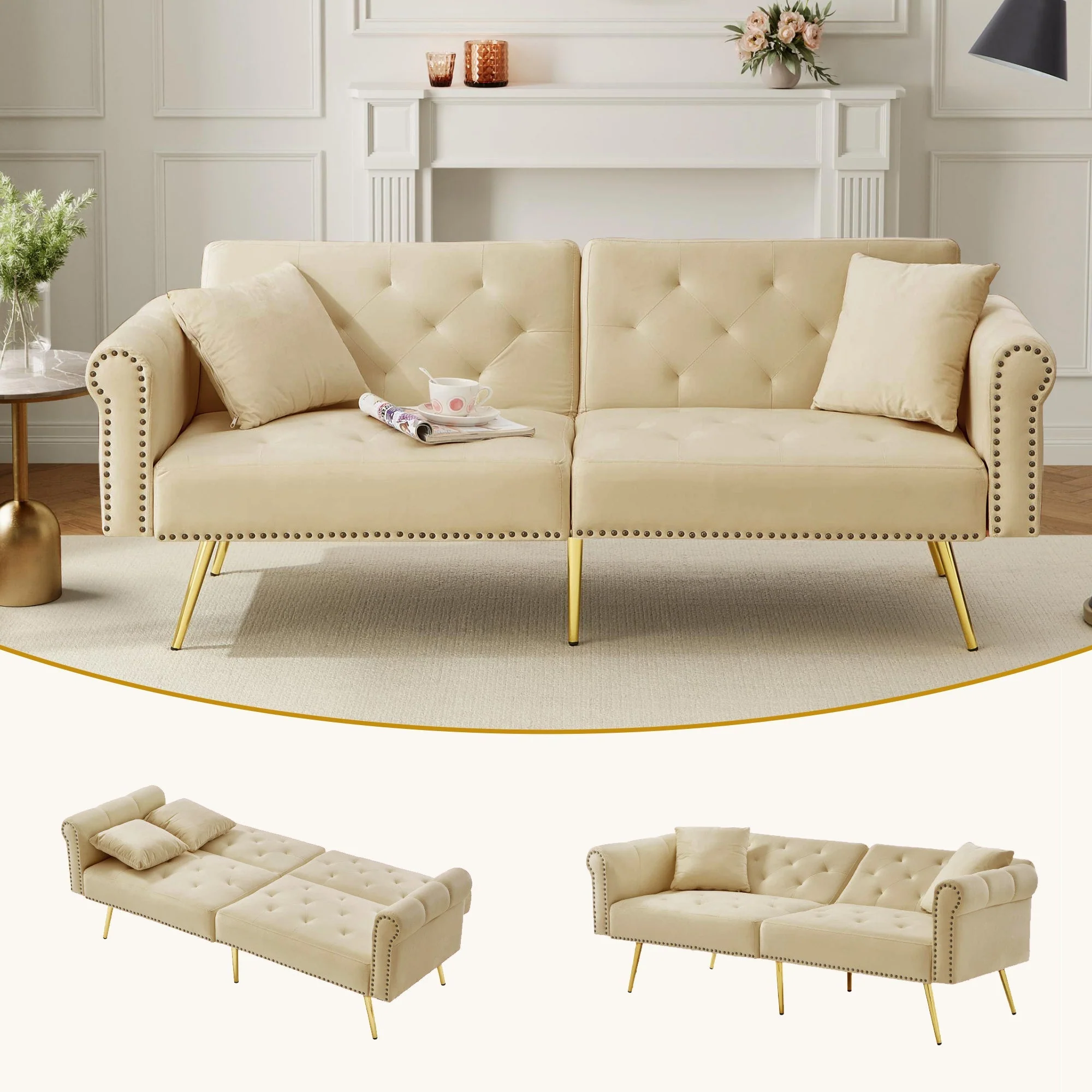 Modern 2-Seater Sofa Bed with 3-Stage Adjustable Backrest, Velvet - Image 10