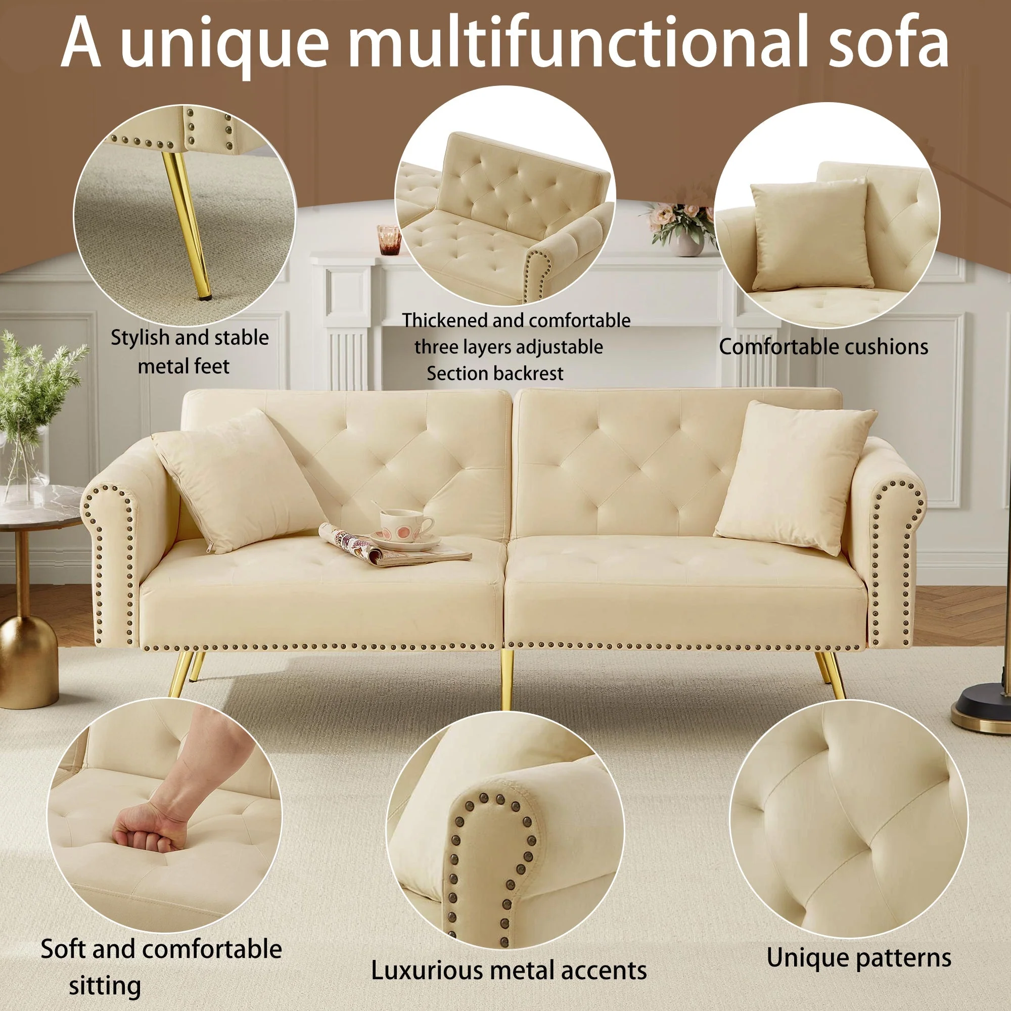Modern 2-Seater Sofa Bed with 3-Stage Adjustable Backrest, Velvet - Image 13