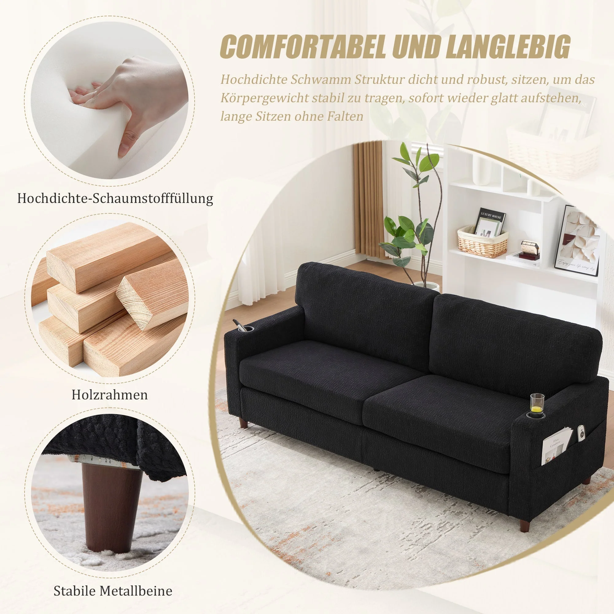 Modern 2-Seater Sofa USB-C LED Cup Holders Side Pockets - Black Chenille - Image 3
