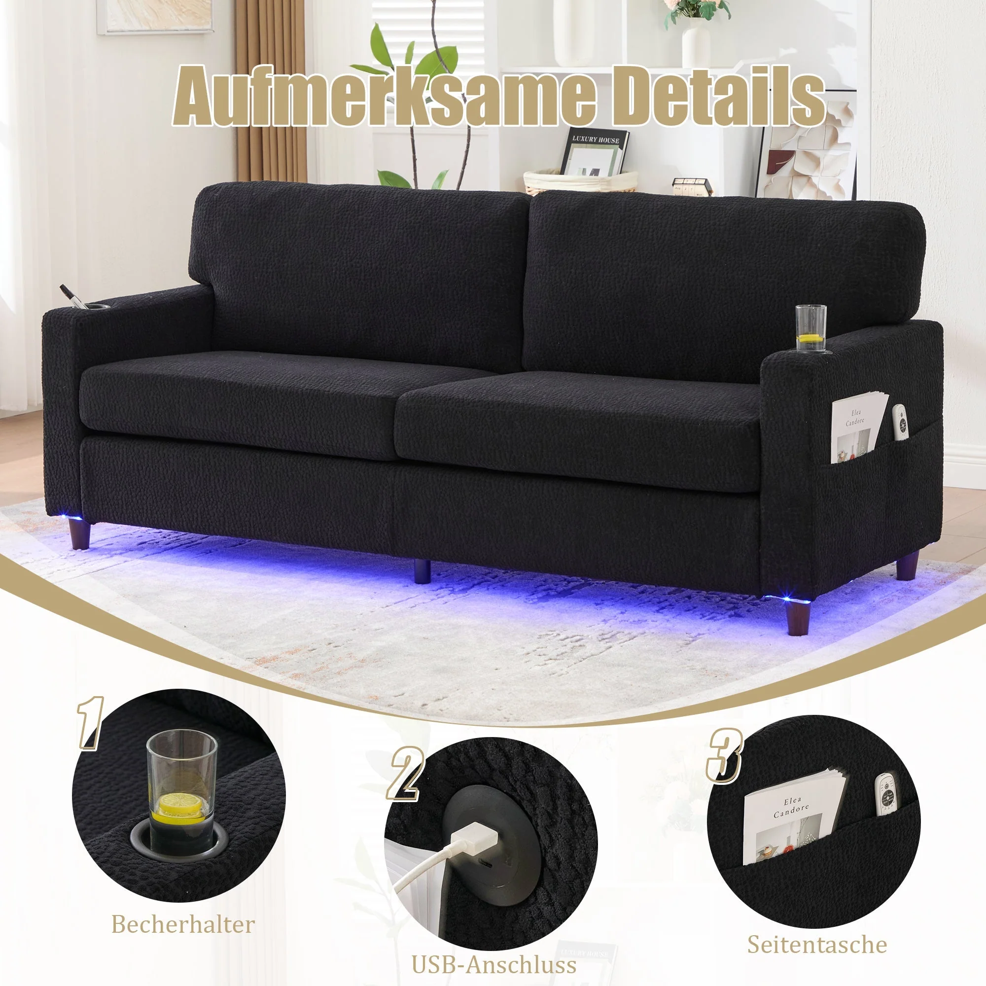 Modern 2-Seater Sofa USB-C LED Cup Holders Side Pockets - Black Chenille - Image 4