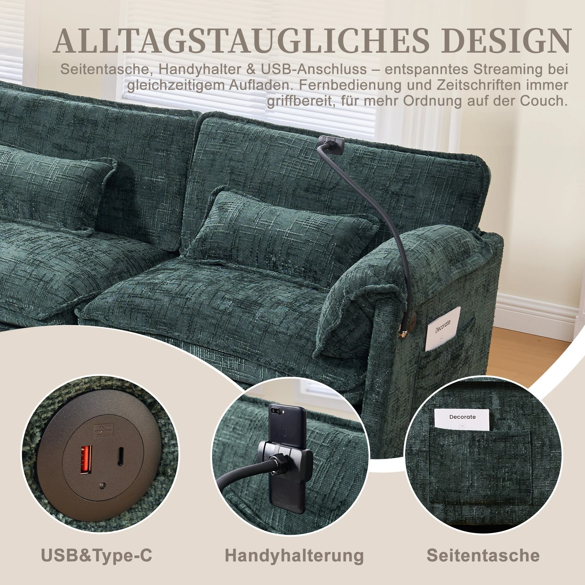 Modern 2-seater Sofa, USB Port Side Storage, Modular Footstool, Chenille Emerald - Image 7