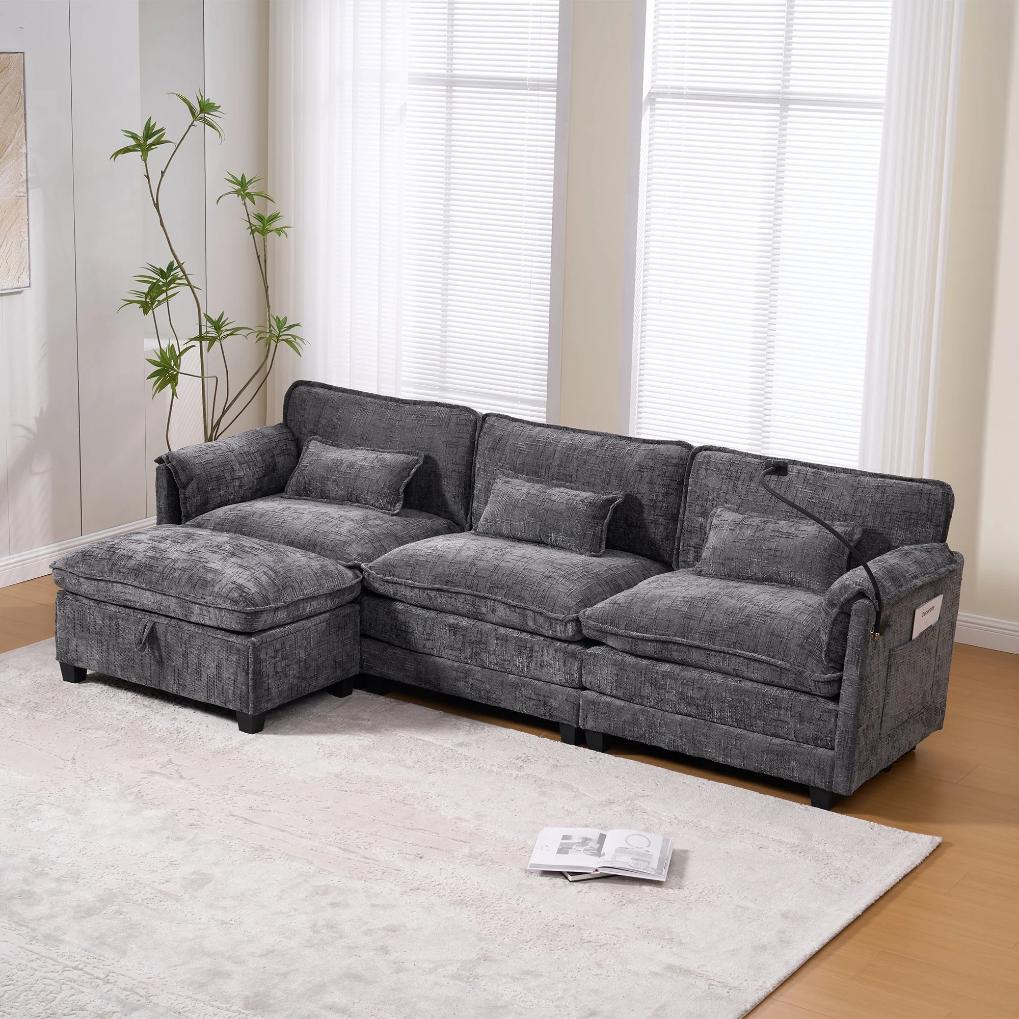 Modern 2-Seater Sofa USB Port Storage Footstool Memory Foam - Chenille Grey - Image 8