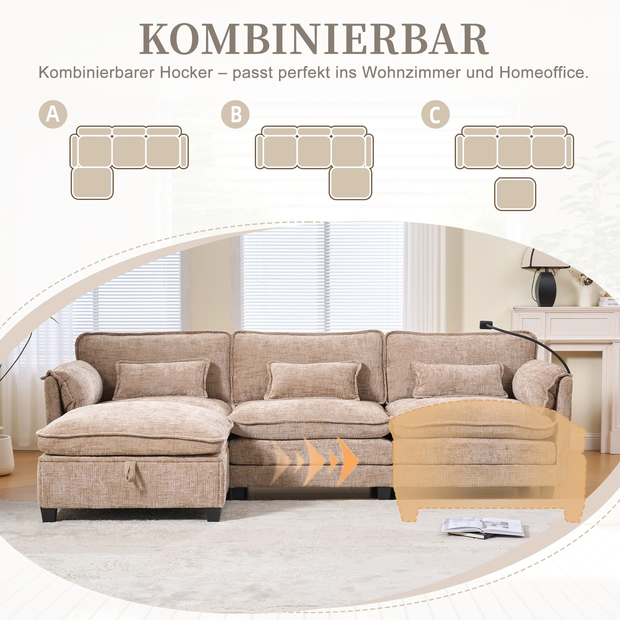 Modern 2-seater Sofa USB Storage Modular Footstool - Khaki Chenille - Image 4