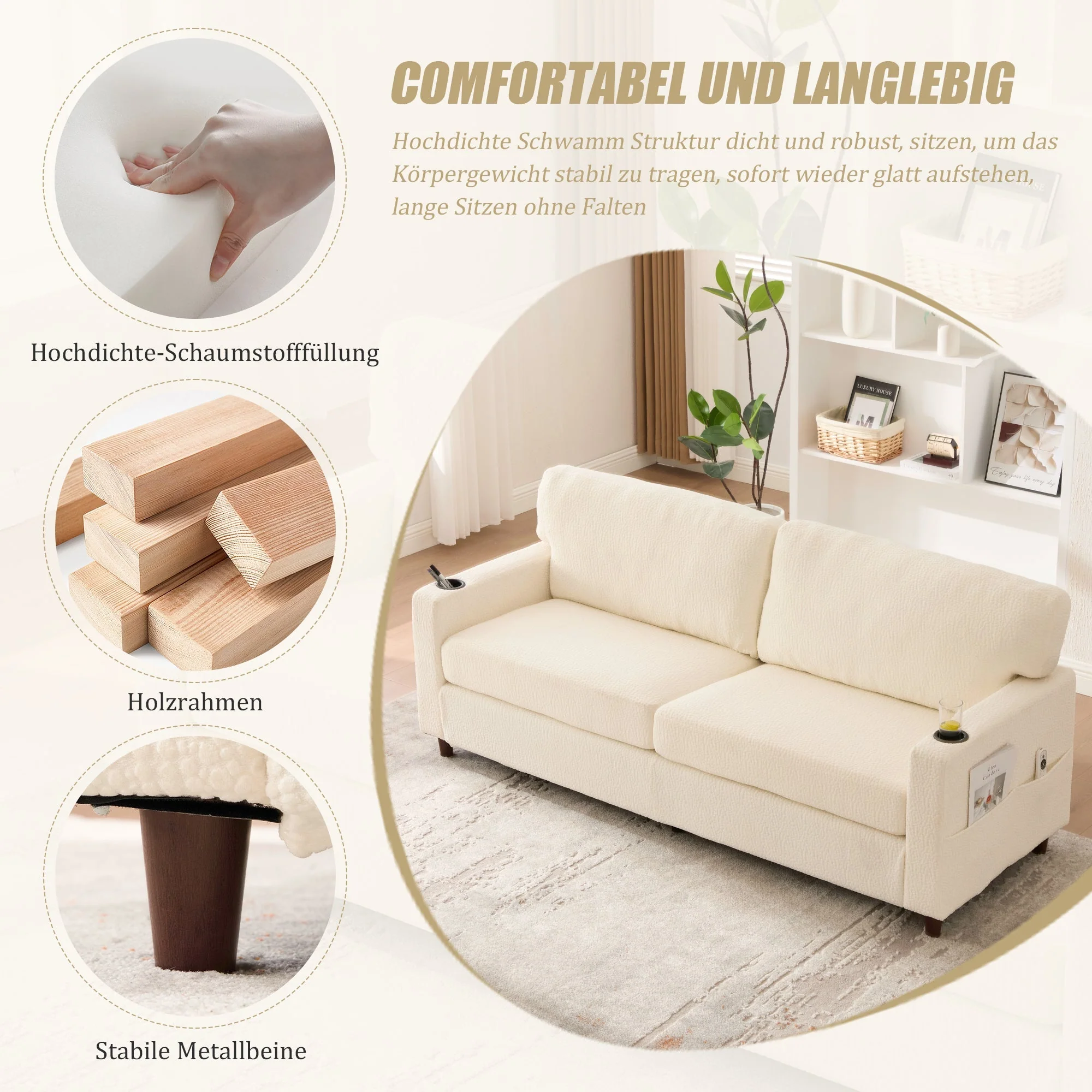 Modern 2-Seater Sofa with USB-C, LED Light, Cupholders, Chenille Beige - Image 3