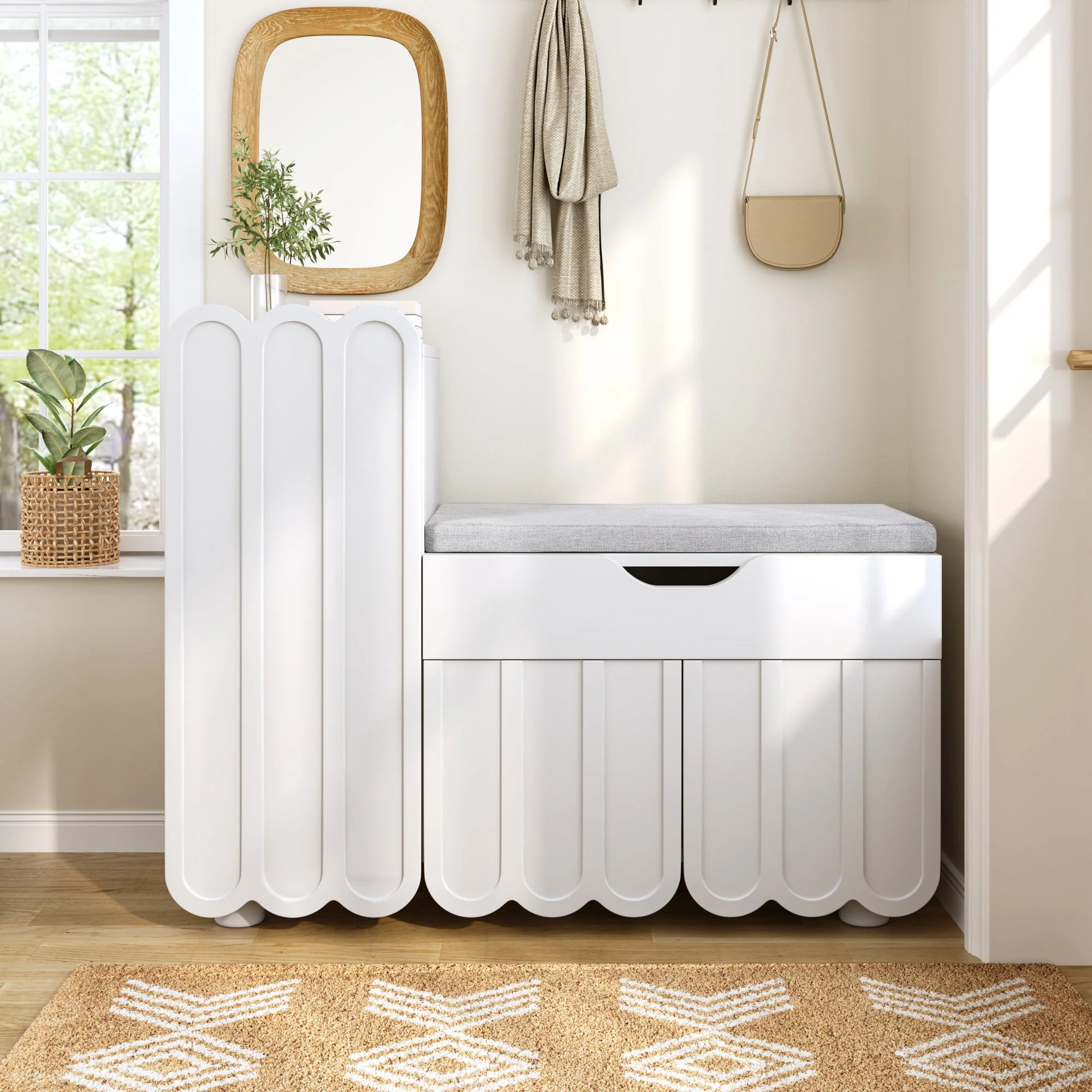 Modern 3-door shoe cabinet with drawer and seat cushion, white