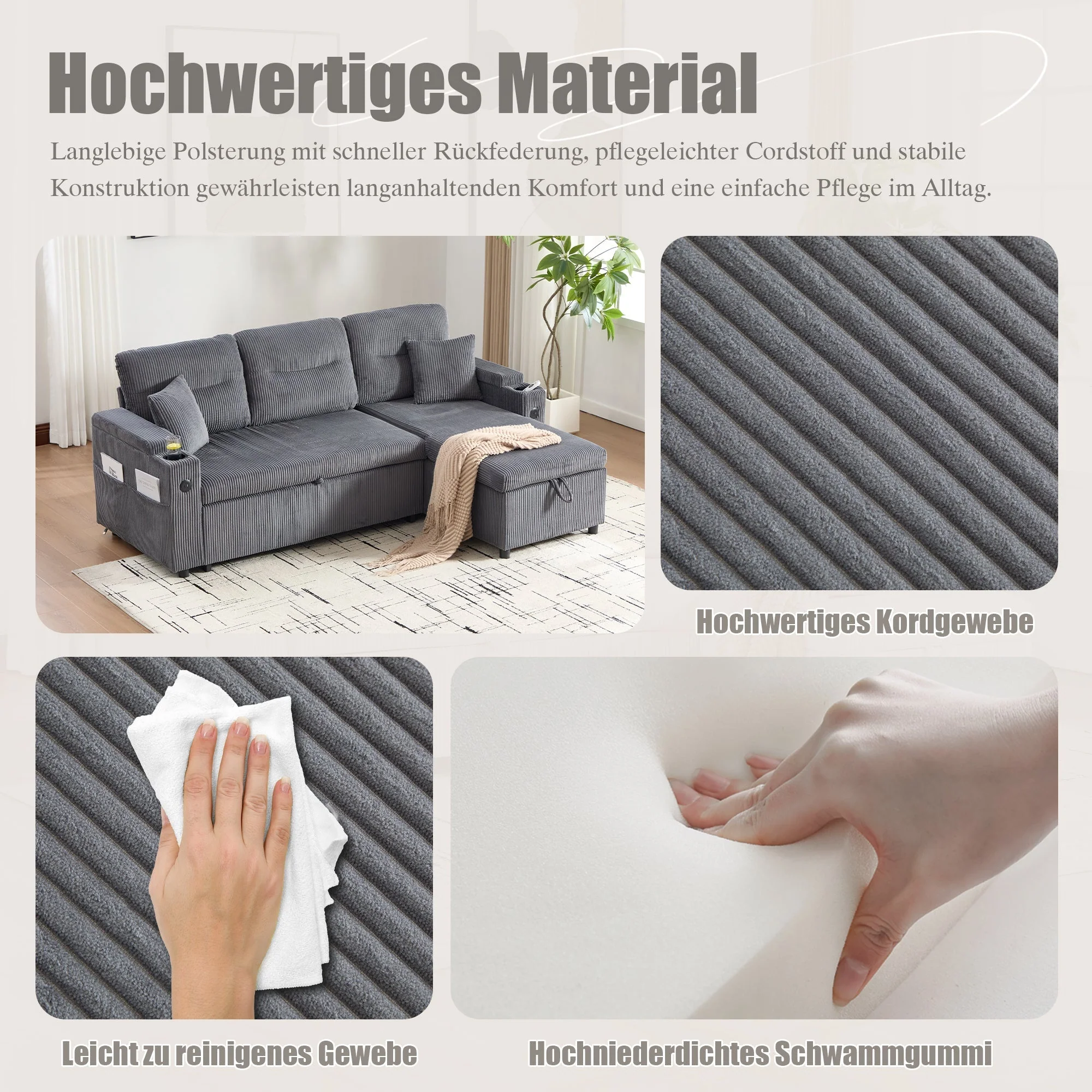 Modern 3-Seater Sofa with Storage, Cup Holders and USB-C Charging, Corduroy - Image 7