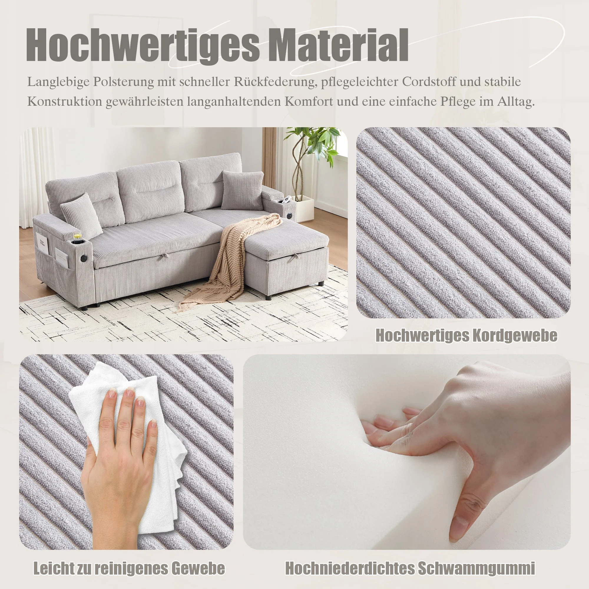 Modern 3-Seater Sofa with Storage, Cup Holders, USB-C and Pull-Out Bed, Corduroy - Image 7