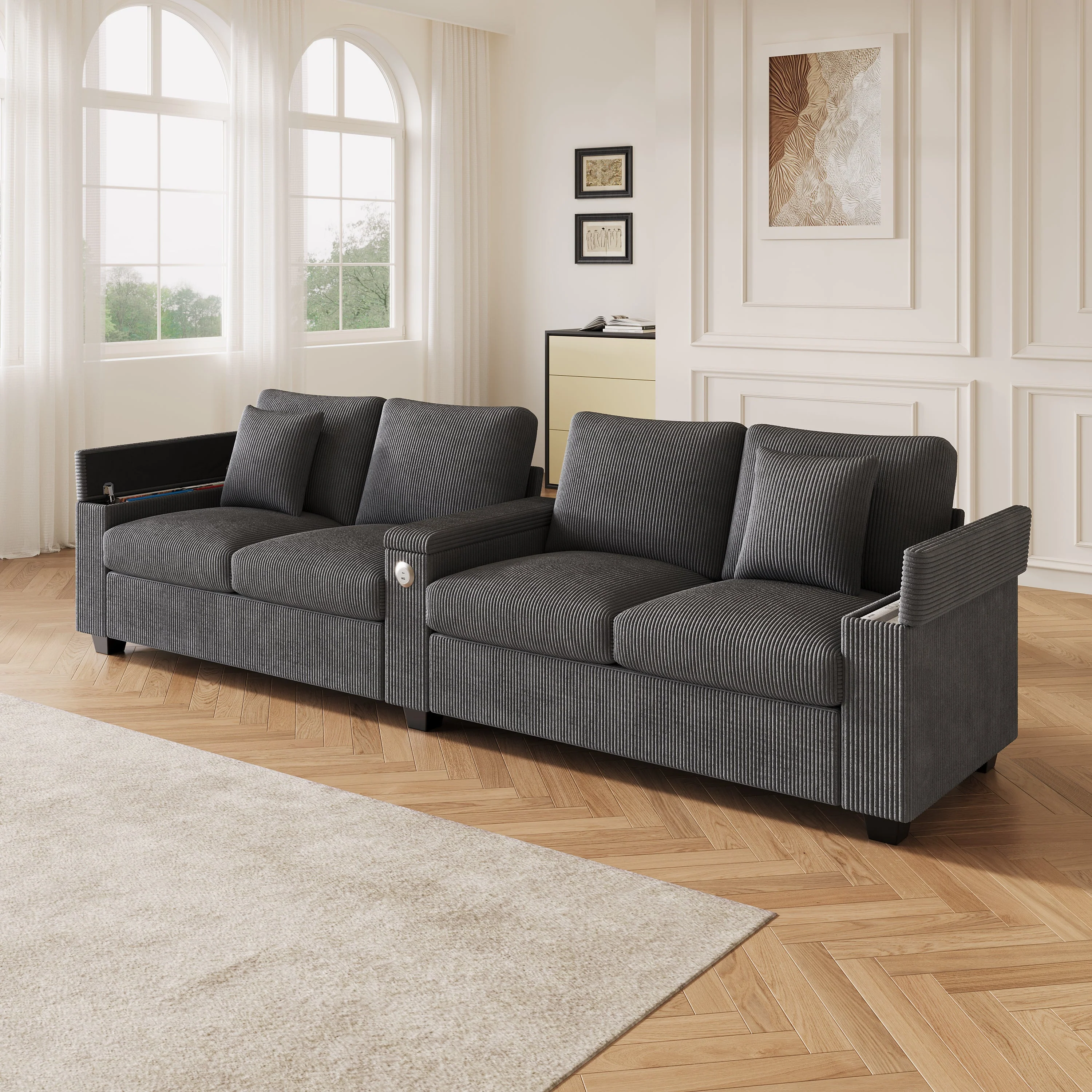 Modern 4-Seater Modular Sofa with USB Charging and Hidden Storage, Gray Corduroy - Image 4