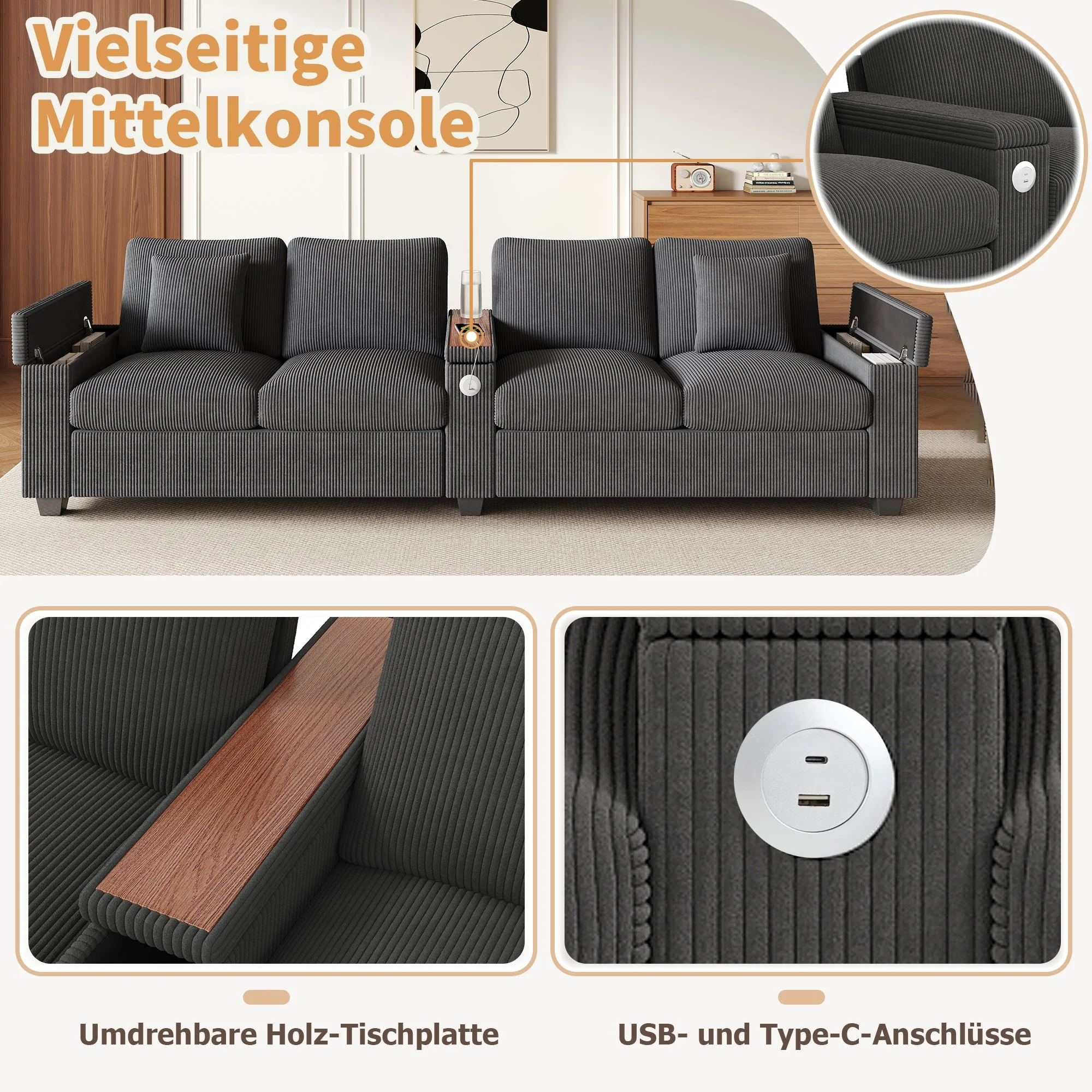 Modern 4-Seater Modular Sofa with USB Charging and Hidden Storage, Gray Corduroy - Image 6