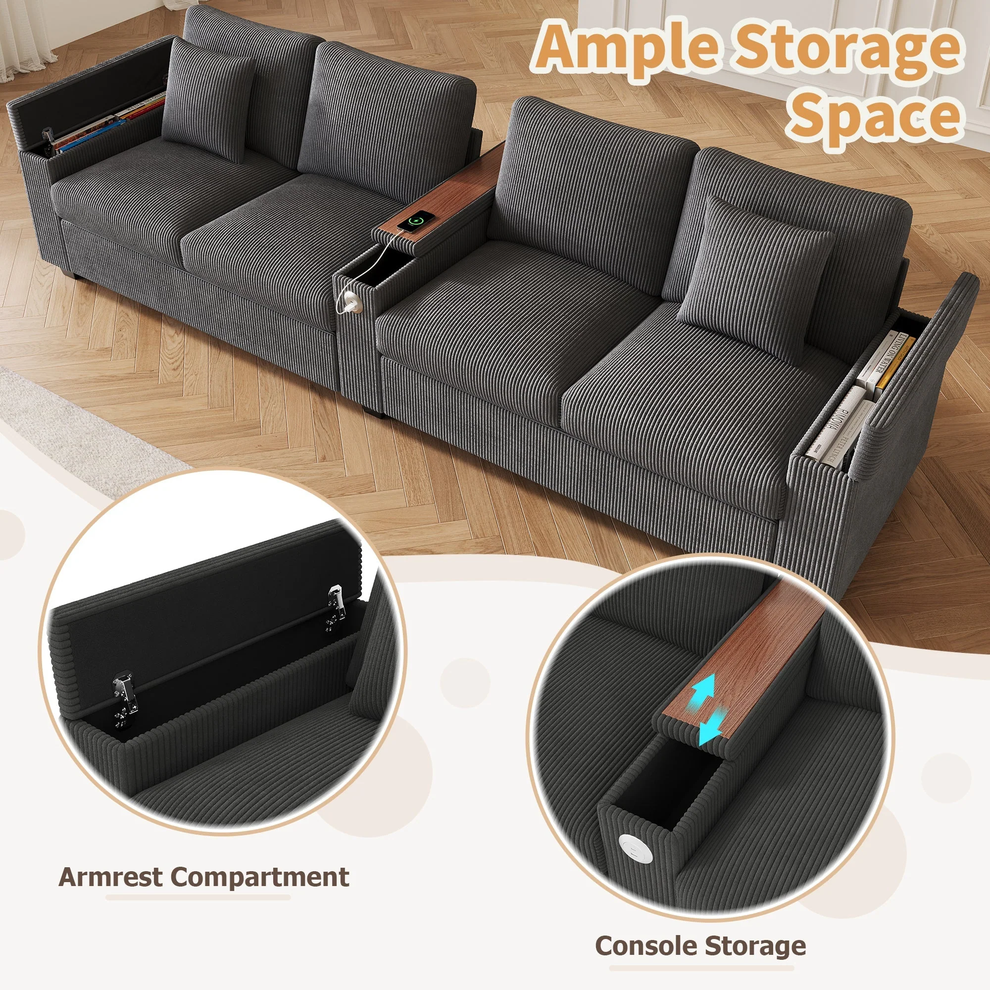Modern 4-Seater Modular Sofa with USB Charging and Hidden Storage, Gray Corduroy - Image 7