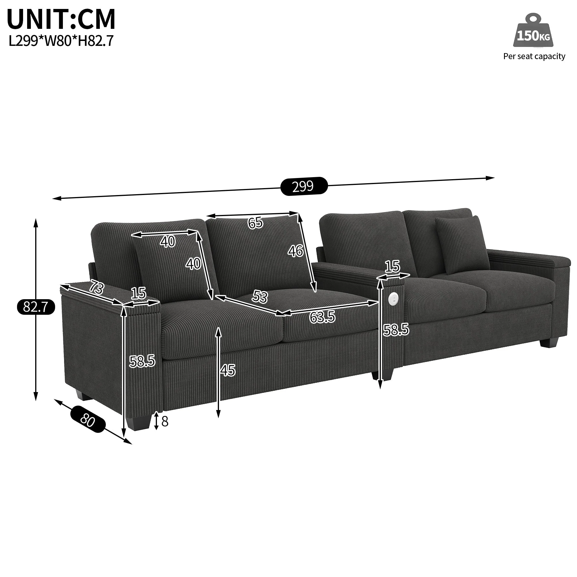 Modern 4-Seater Modular Sofa with USB Charging and Hidden Storage, Gray Corduroy - Image 9