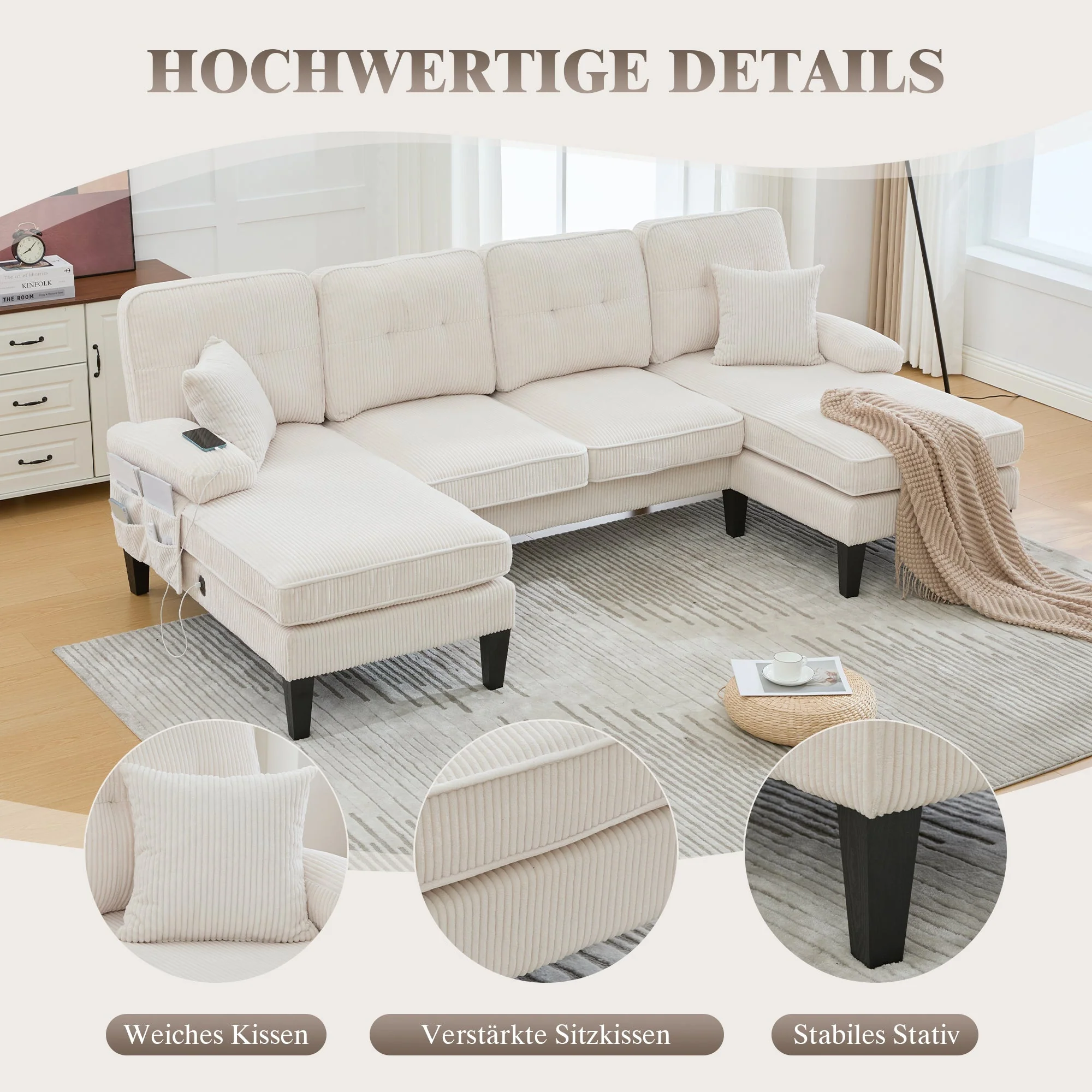 Modern 4-Seater U-Shaped Sofa with Double Chaise Lounge and Corduroy Upholstery, Beige - Image 4