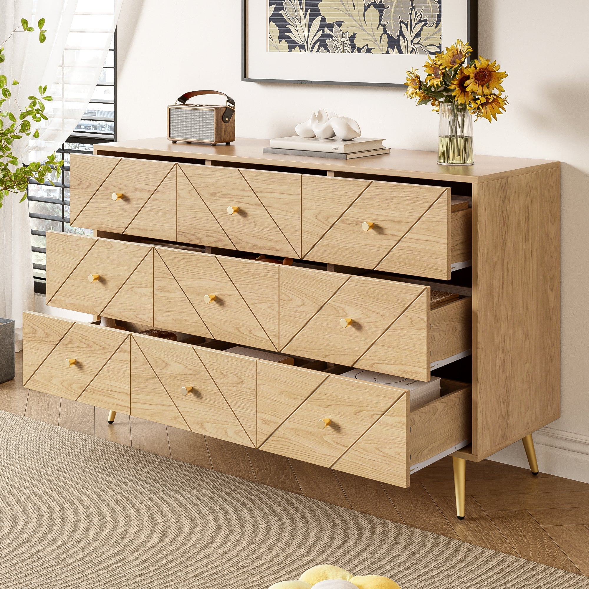 Modern 9-Drawer Chest, Iron Legs Geometric Pattern, PB Construction - Image 4