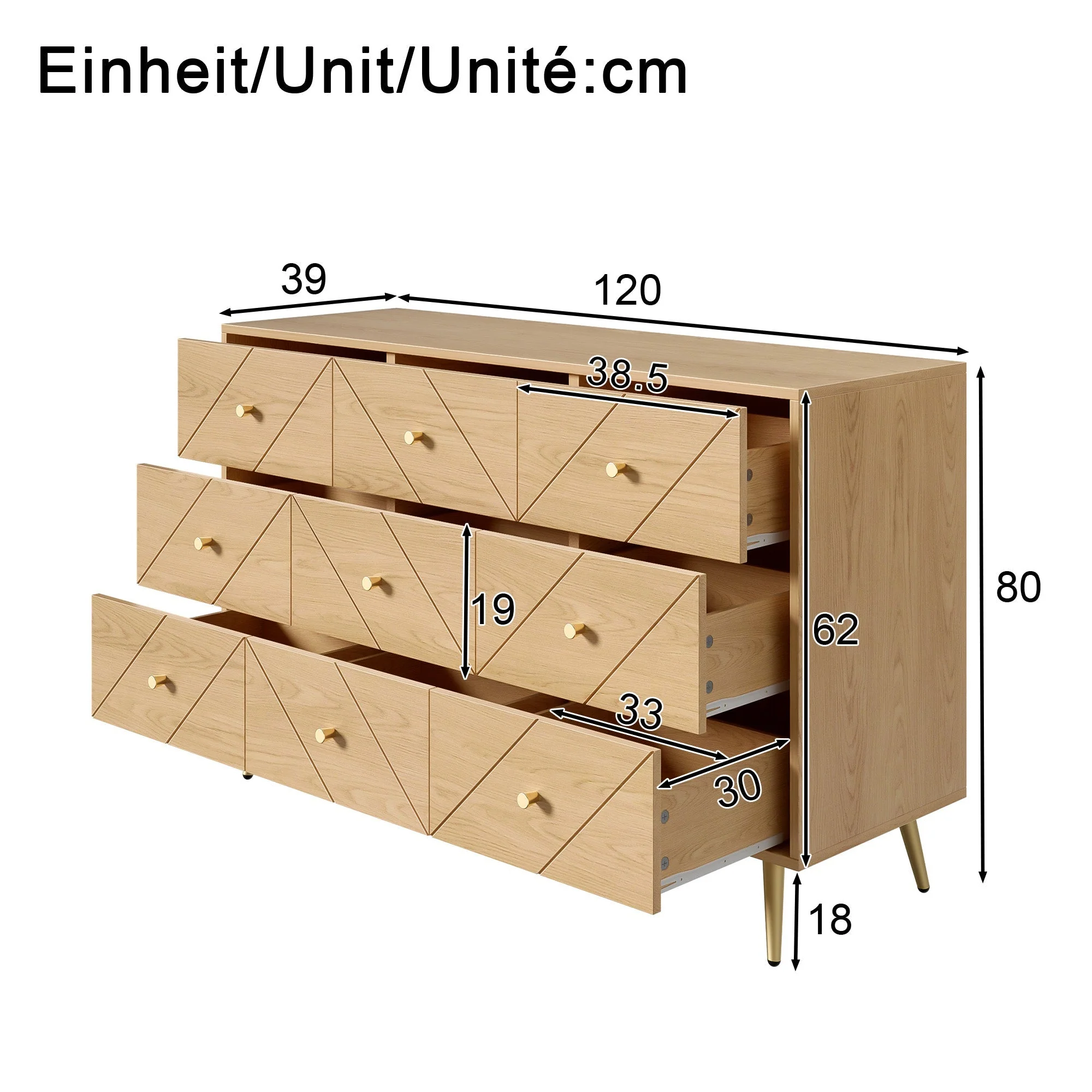 Modern 9-Drawer Chest, Iron Legs Geometric Pattern, PB Construction - Image 5