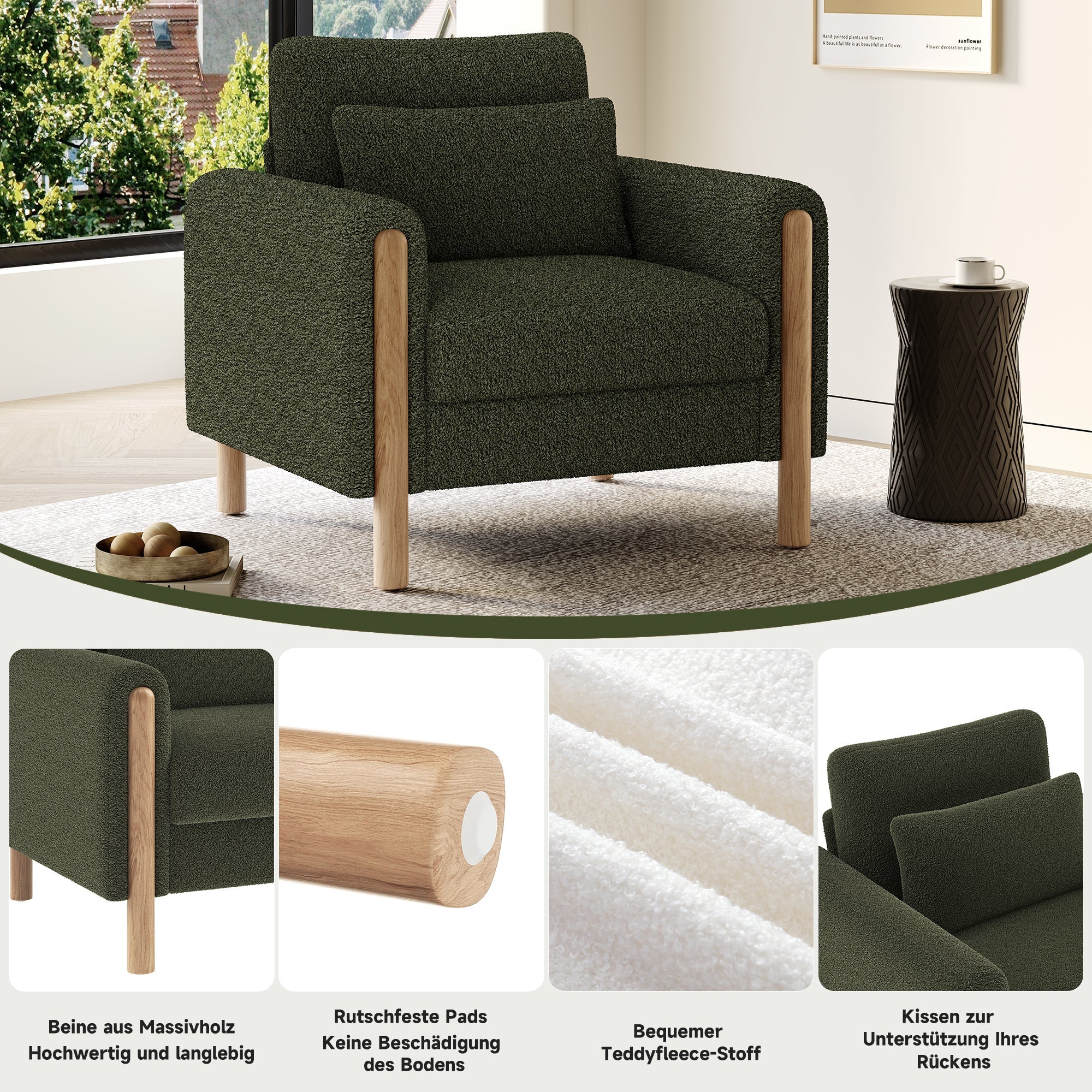 Modern Armchair, Thick Cushion, Comfortable Single Seater, Green - Image 3