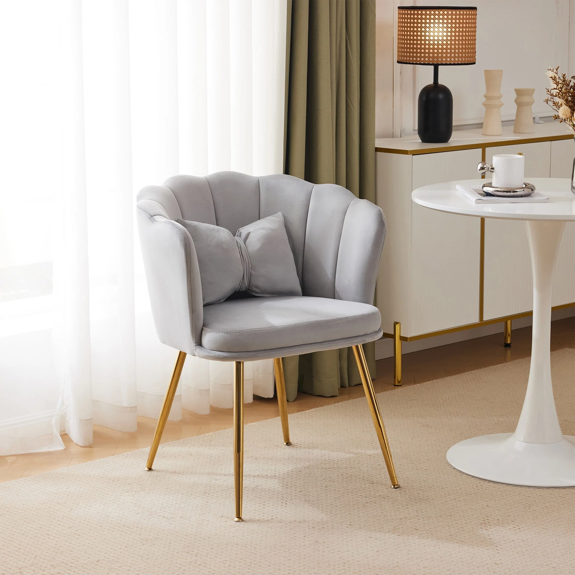 Modern Armchair, Velvet Upholstered Petal Back with Gold-Plated Metal Legs - Image 2