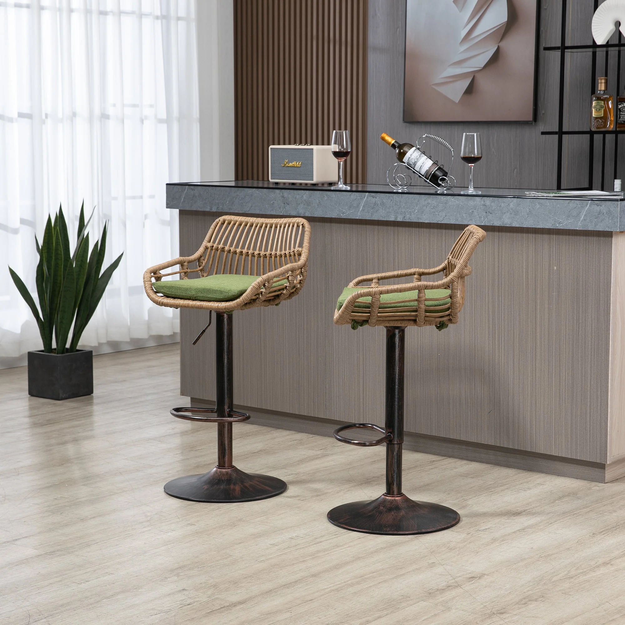 Modern Bar Stool Set of 2 Adjustable Chairs with Footrest, Green - Image 8