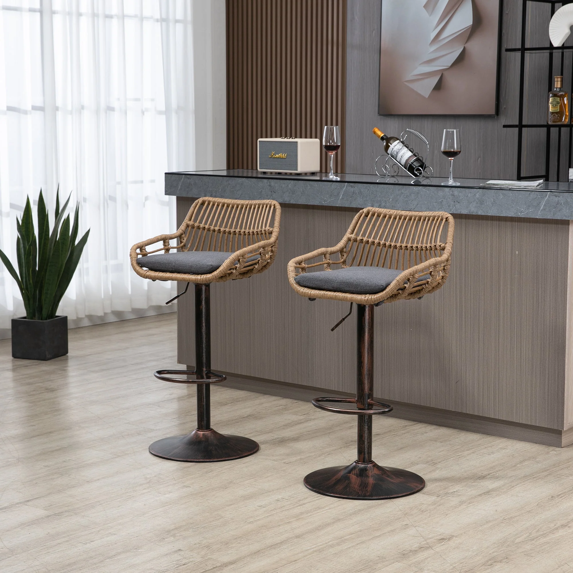 Modern Bar Stool Set of 2, Adjustable, Footrest, Gray - Image 6