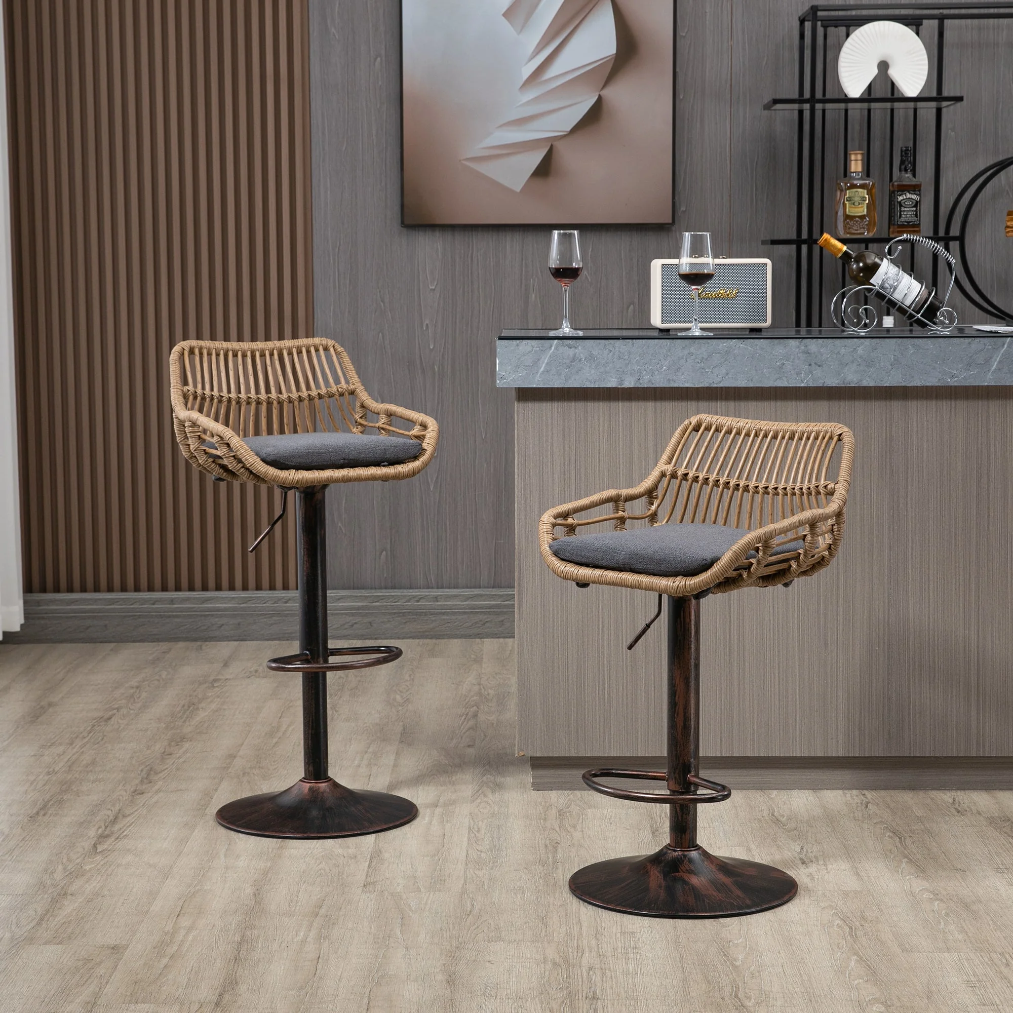 Modern Bar Stool Set of 2, Adjustable, Footrest, Gray - Image 9