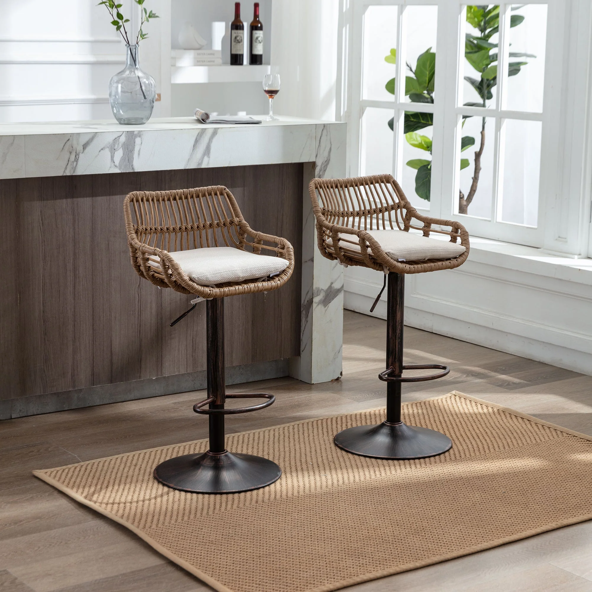 Modern Bar Stool Set of 2, Adjustable with Footrest, Beige - Image 6