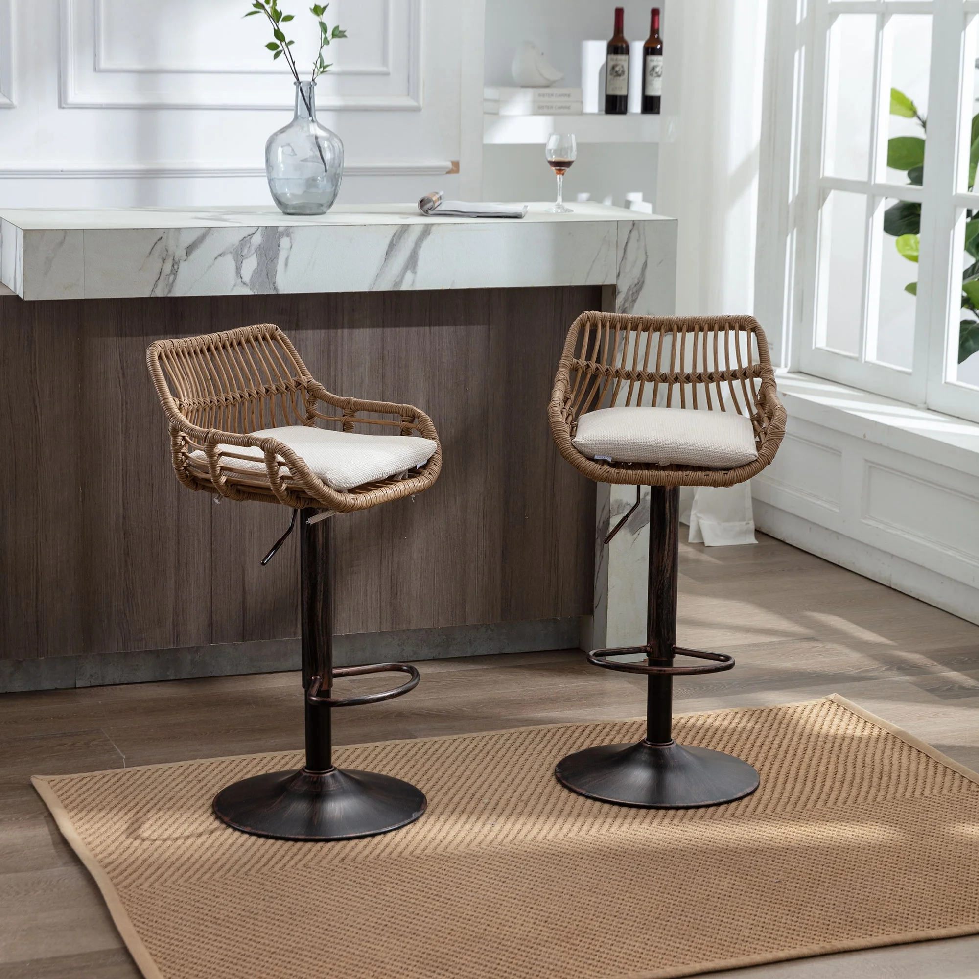 Modern Bar Stool Set of 2, Adjustable with Footrest, Beige - Image 8