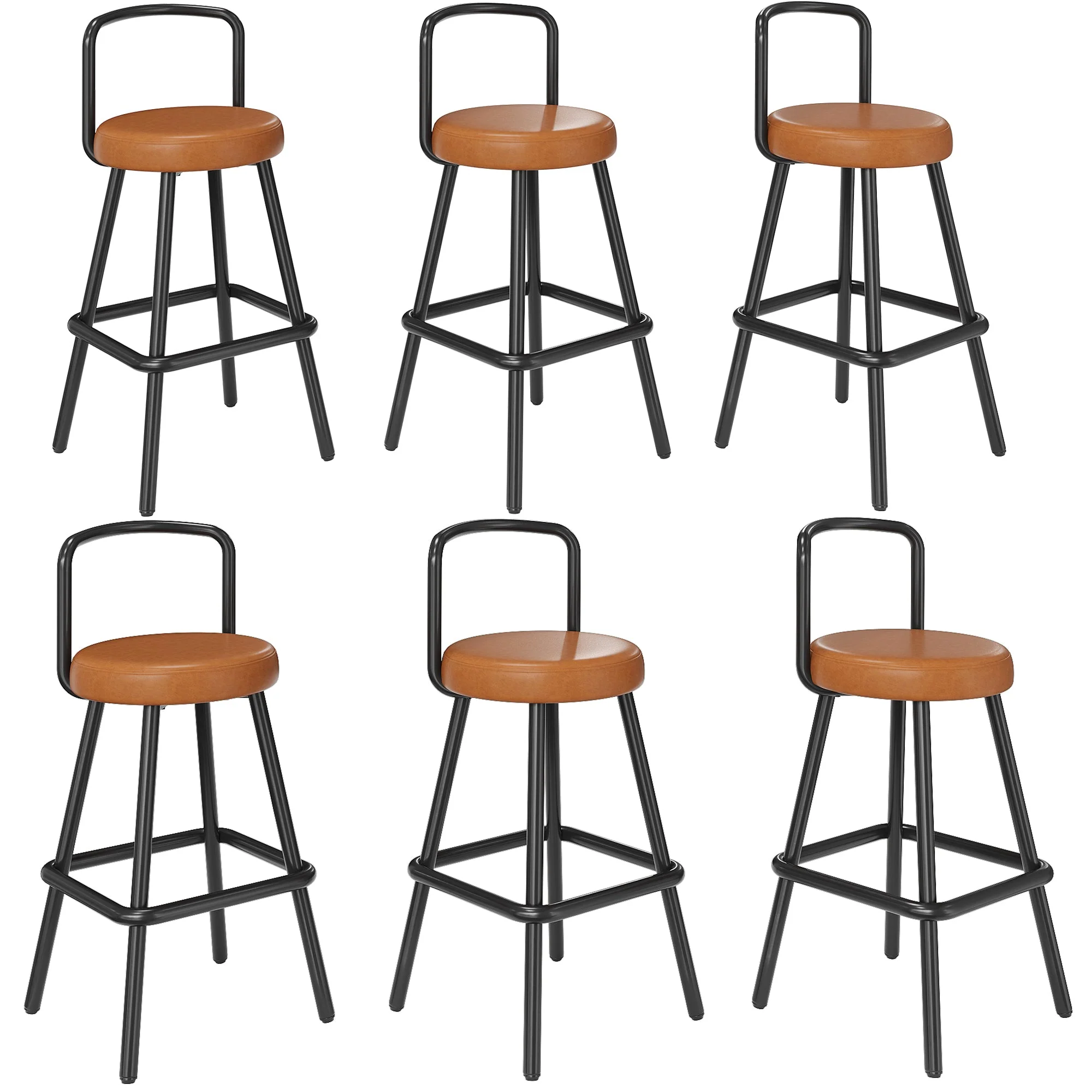 Modern Bar Stool Set of 6 with Ergonomic Backrest and Footrest, Brown PU Leather - Image 3