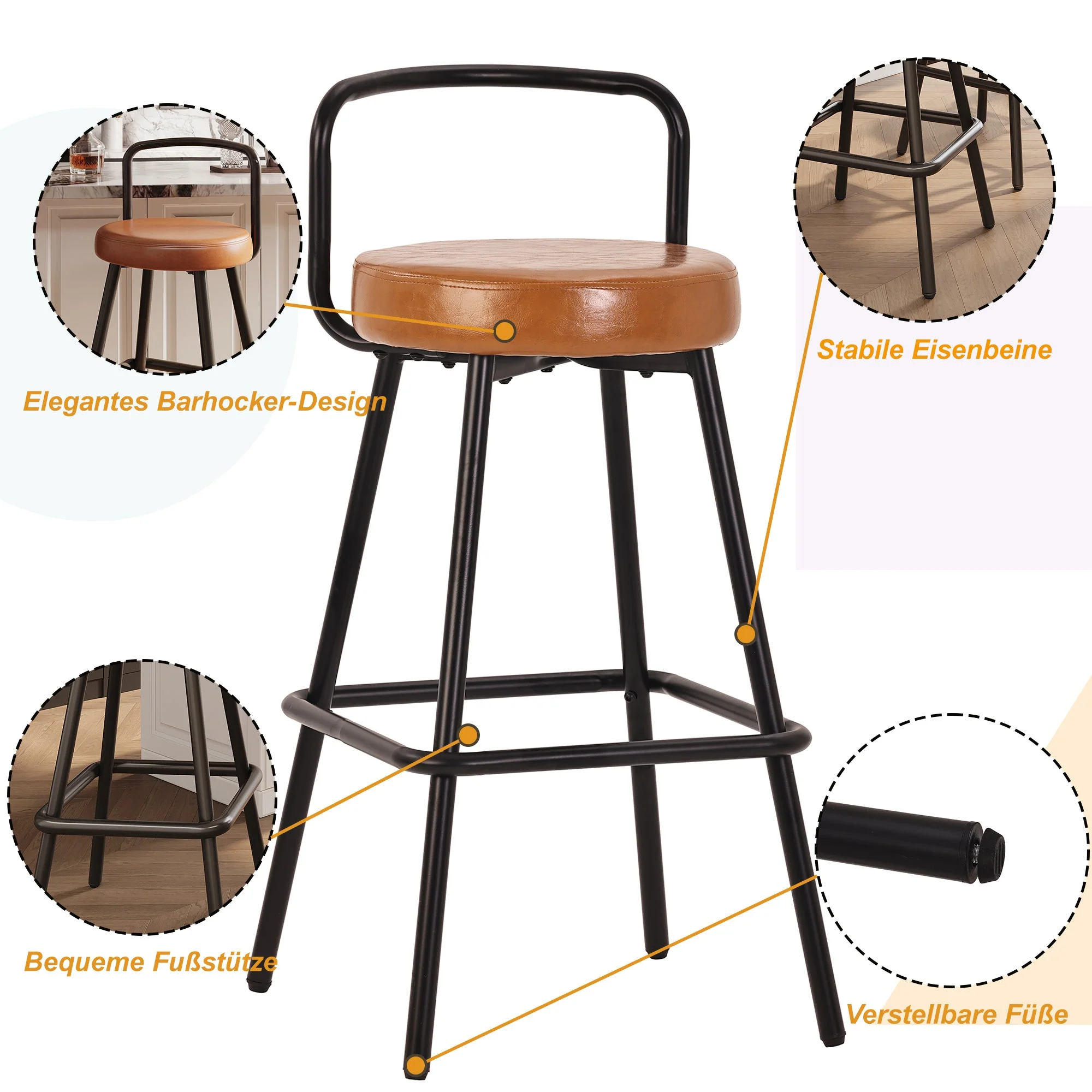 Modern Bar Stool Set of 6 with Ergonomic Backrest and Footrest, Brown PU Leather - Image 8