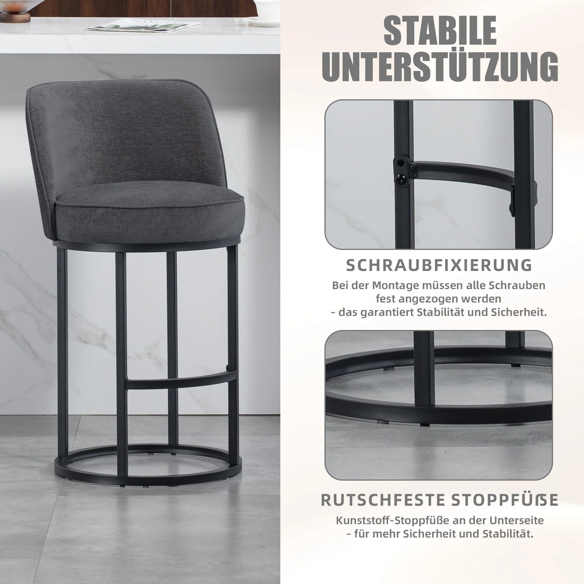 Modern Bar Stools Duo Set with Upholstered Seat and Metal Legs, Linen Upholstery - Image 4