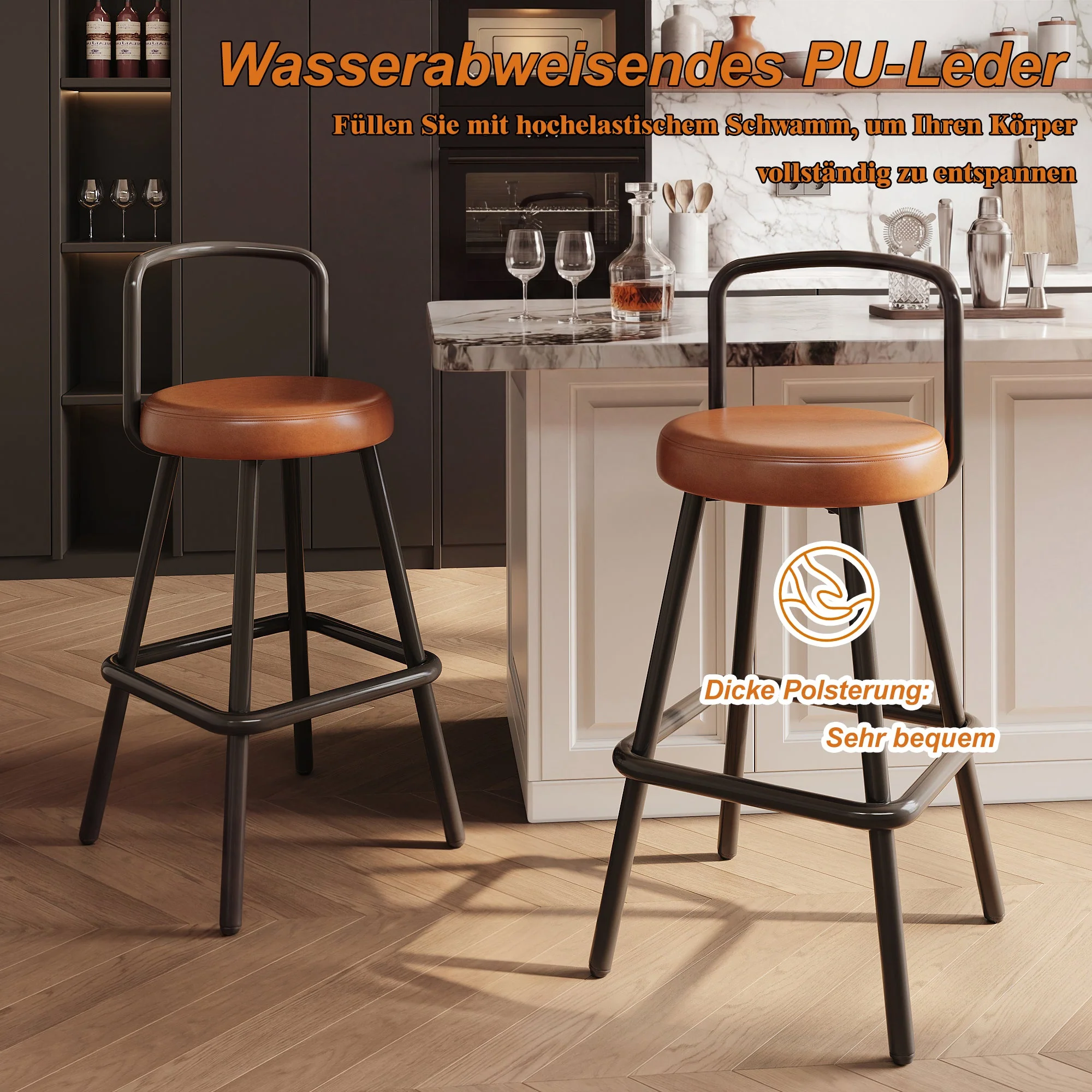 Modern Bar Stools Set of 2 with Ergonomic Backrest and Footrest, PU Leather and Iron, Brown - Image 6