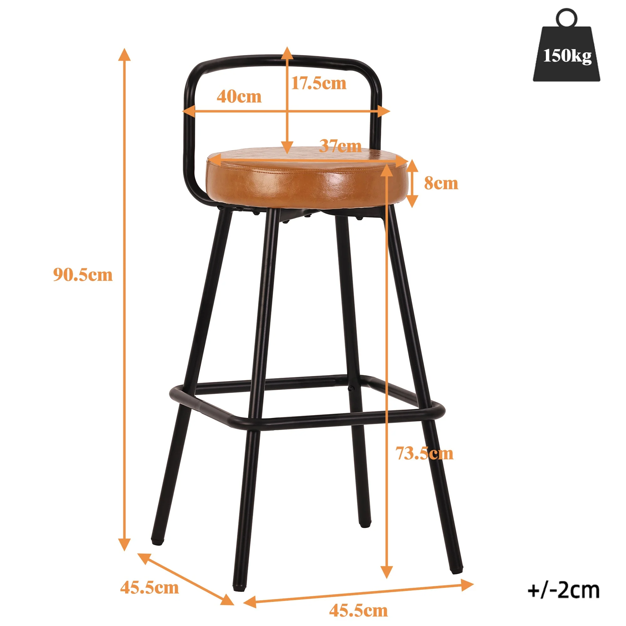 Modern Bar Stools Set of 2 with Ergonomic Backrest and Footrest, PU Leather and Iron, Brown - Image 8