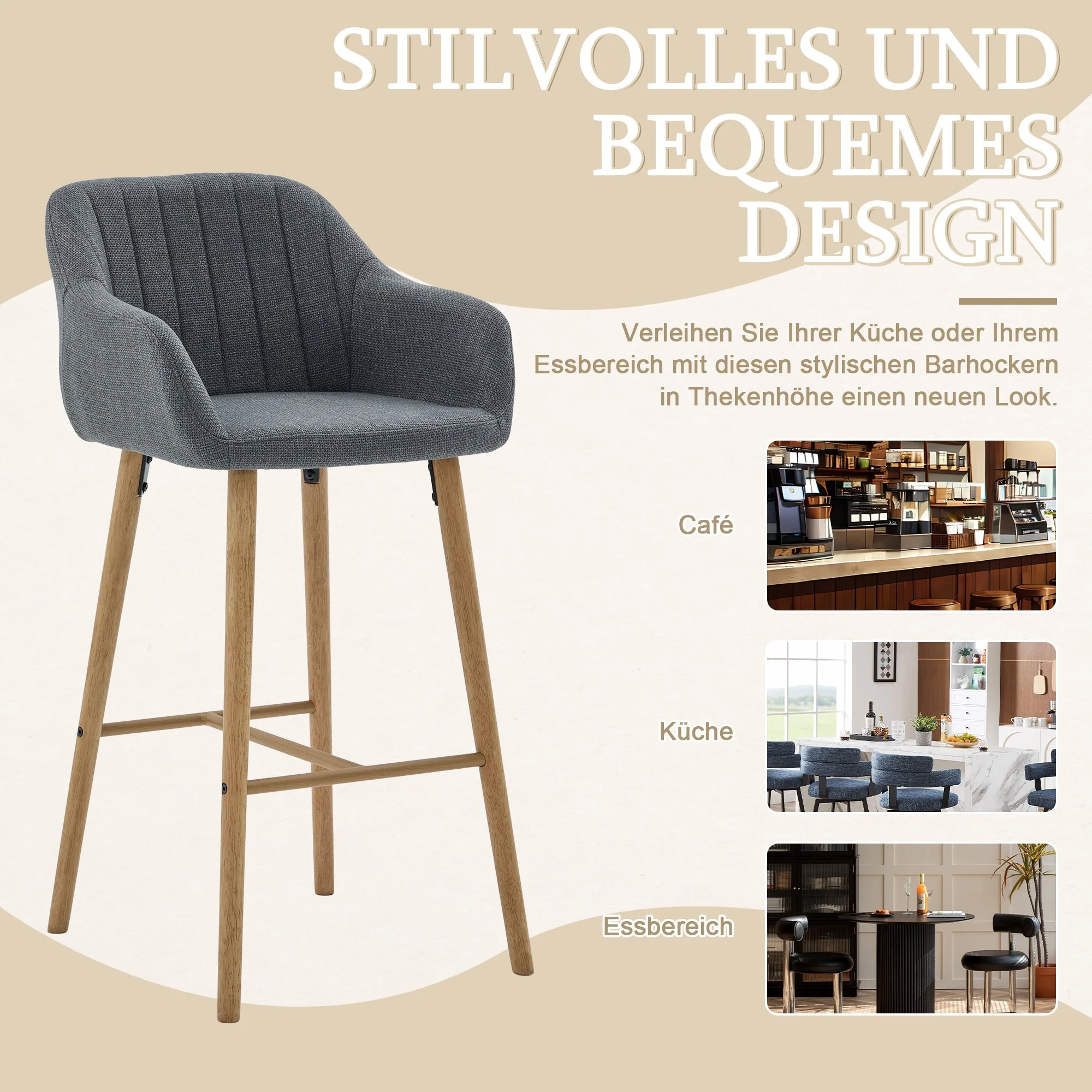 Modern Bar Stools Set of 2 with High Backrest and Armrests, Beige Linen - Image 2