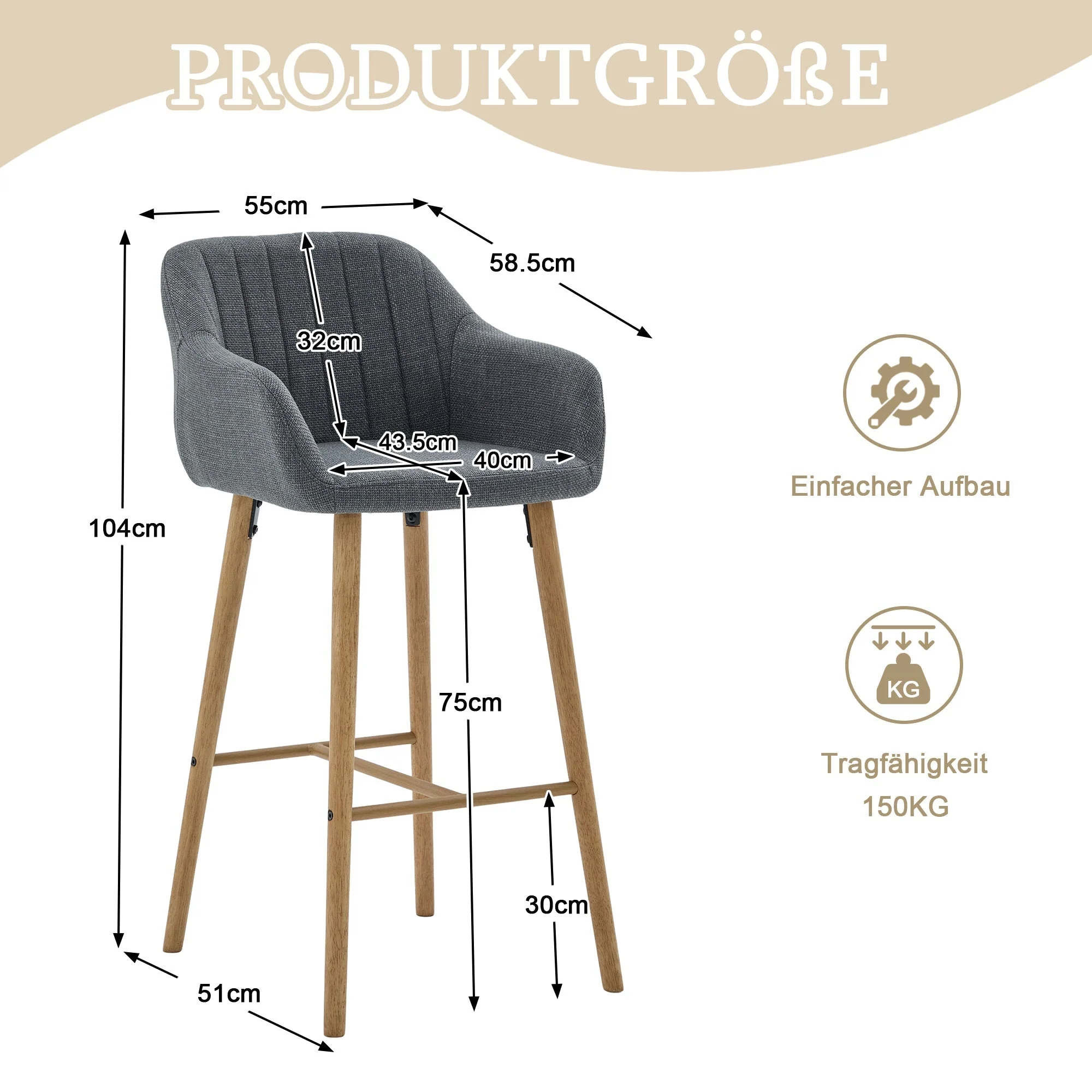 Modern Bar Stools Set of 2 with High Backrest and Armrests, Beige Linen - Image 3