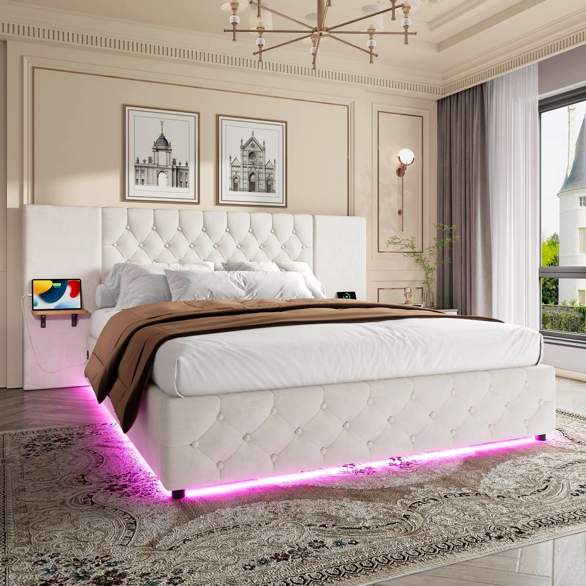 Modern Bed Frame 135x190, Wide Headboard, LED, USB-C Ports, Hydraulic Lift Storage, Beige - Image 5