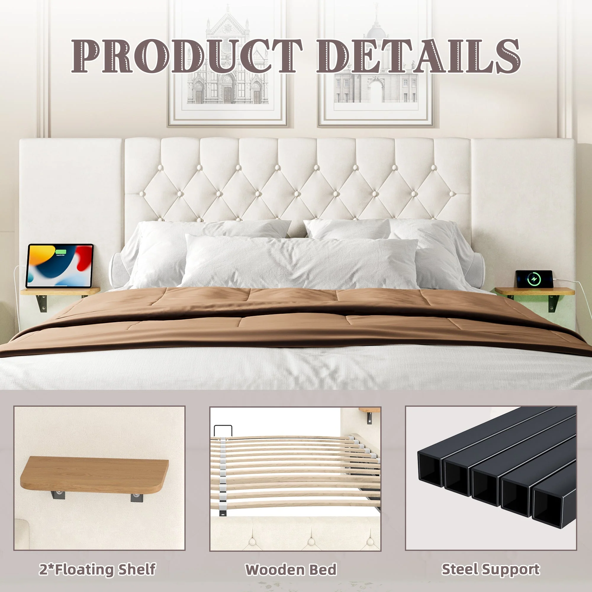 Modern Bed Frame 135x190, Wide Headboard, LED, USB-C Ports, Hydraulic Lift Storage, Beige - Image 7