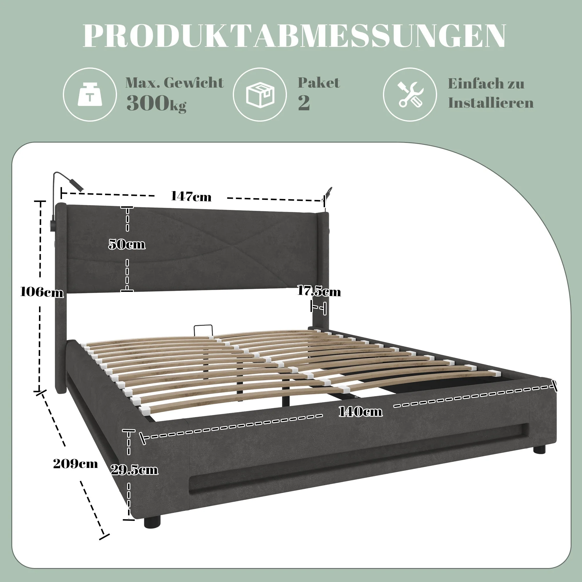 Modern Bed Frame 140x200cm Hydraulic Storage LED Lights USB Ports - Image 2