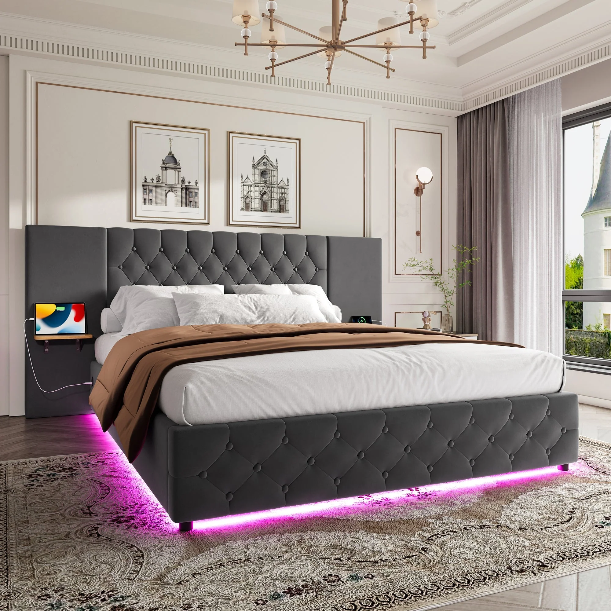 Modern Bed Frame 150x200cm, Wide Headboard, LED, USB-C Ports, Hydraulic Storage, Gray - Image 5